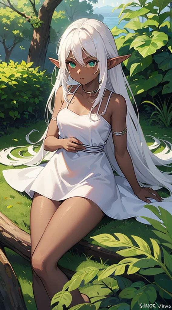 (((Elf Woman))),((Dark Skin)),((Beautiful Body)), ((White short dress)),((white hair)),((green eyes))