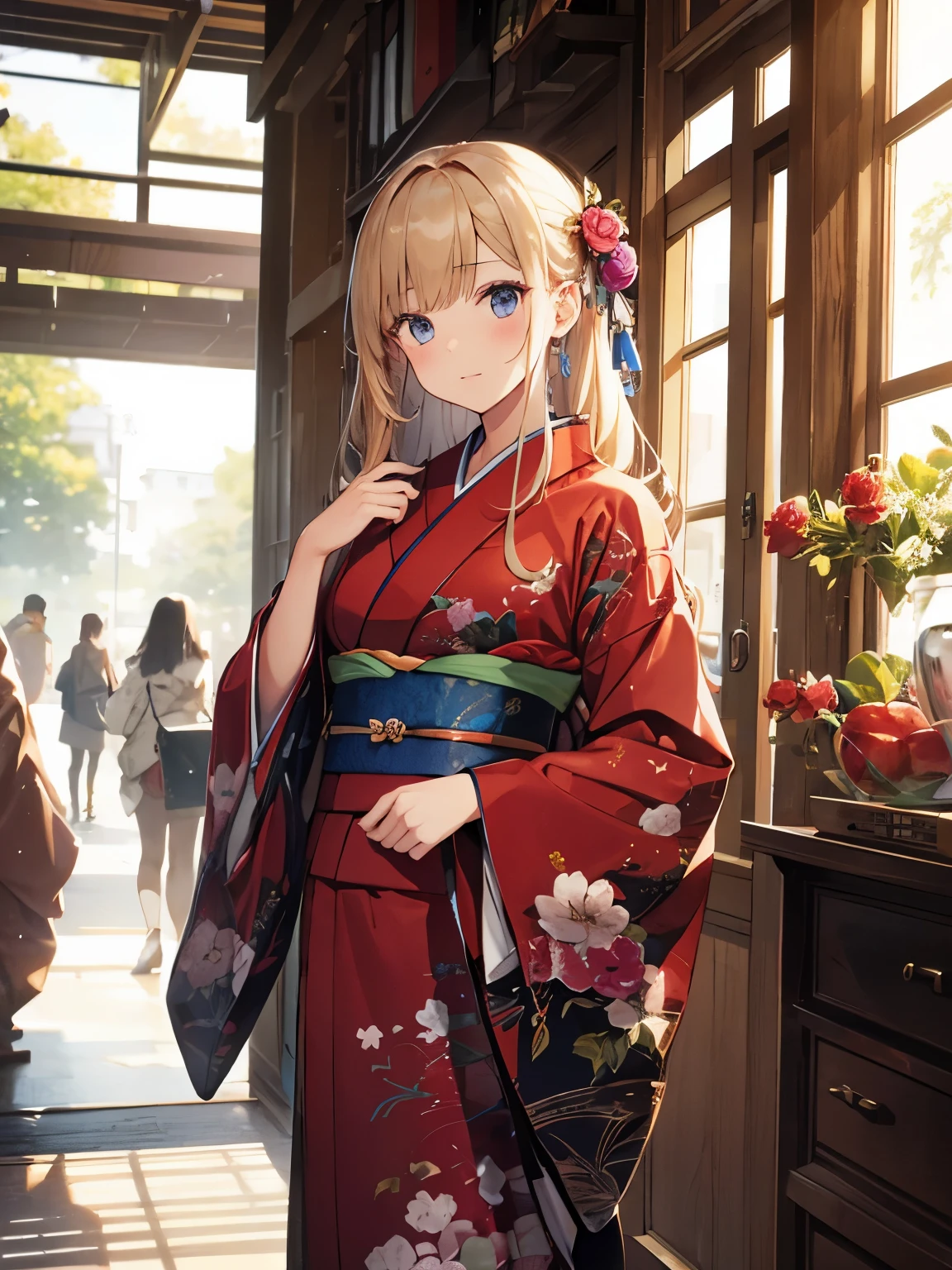 Girl in kimono、First visit、a blond、Long、neatly dressed、furisode