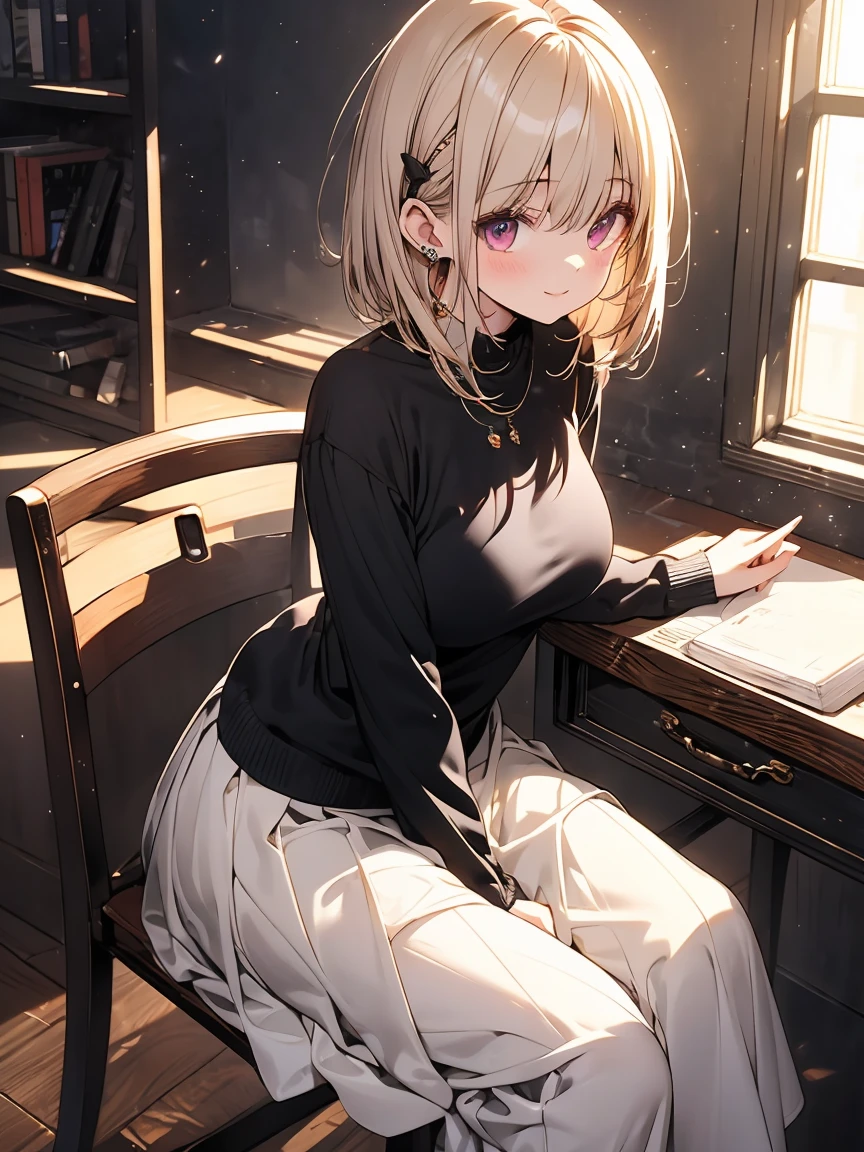 masterpiece, absurdres, best quality, ultra detailed, high Resolution, detailed illustration, extremely beautiful detailed face and eyes, bright colour, 1girl, (), cute face, Delicate beautiful face, magenta eyes, cute eyes, sparkling eyes, big eyes, medium breasts, (perky breasts:1.1), (pointy breasts:1.1), medium hips, glamorous body, white skin, grin, BREAK, long bob cut, (blonde hair:0.8), messy hair, detailed hair, shiny hair, BREAK sweater, long skirt, tiny ribbon, study, at class room, desk, note, sitting chair, universe, real world, natural lights, perfect lighting,