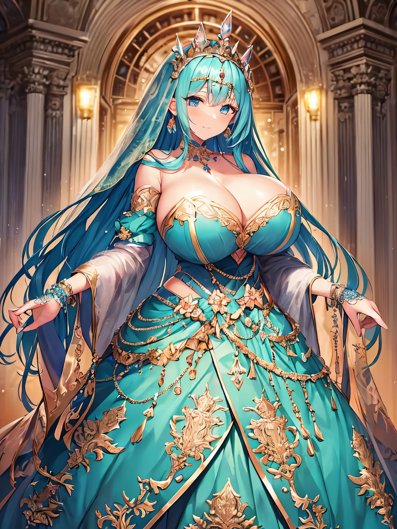 ((anime artstyle)),(Masterpiece),(Best Quality), (Super Detail),((Very Delicate and Beautiful)),(((Solo))),((full body)),(((1 princess in beautiful embroidery and jeweled gorgeous princess rococo ballgown with voluminous full length hoop skirt))),((crinoline)),Long train,((bling-bling)),(gorgeousfull embroidery and lace),(gorgeous gemstone jewelry),detailed face and eyes,jewel-like eyes,((extremely voluminous straight Hair,Very Long Straight Hair)),(((gigantic boobs))),cleavage,gorgeousfull hair ornament,((gorgeousfull glitter jeweled tiara)),throne room,(standing in castle),luxury palace,Dynamic Angle,Looking at viewer,((beautiful embroidery and jeweled gorgeous princess rococo ballgown with voluminous full length hoop skirt))