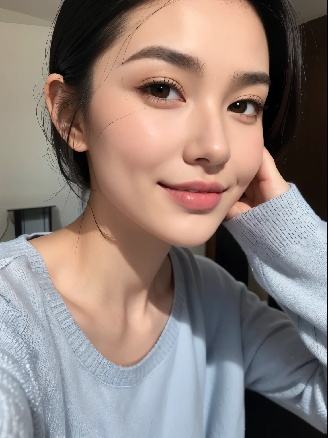 Perfect facial features　A beautiful girl with short black hair is smiling and looking at me.　stunning art