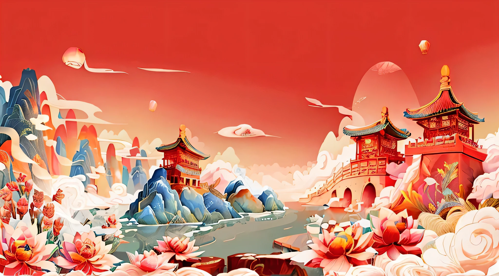 There is a picture of a Chinese landscape with a red sky, Chinese Dreamland, chinese paintings, Chinese tradition, Chinese landscape, background depicting a temple, beijing, chinese watercolor style, Chinese tradition艺术, inspired by Yang Buzhi, A beautiful artistic illustration, a temple background, ancient china art style, the great wall, oriental wallpaper, fairy tale style background