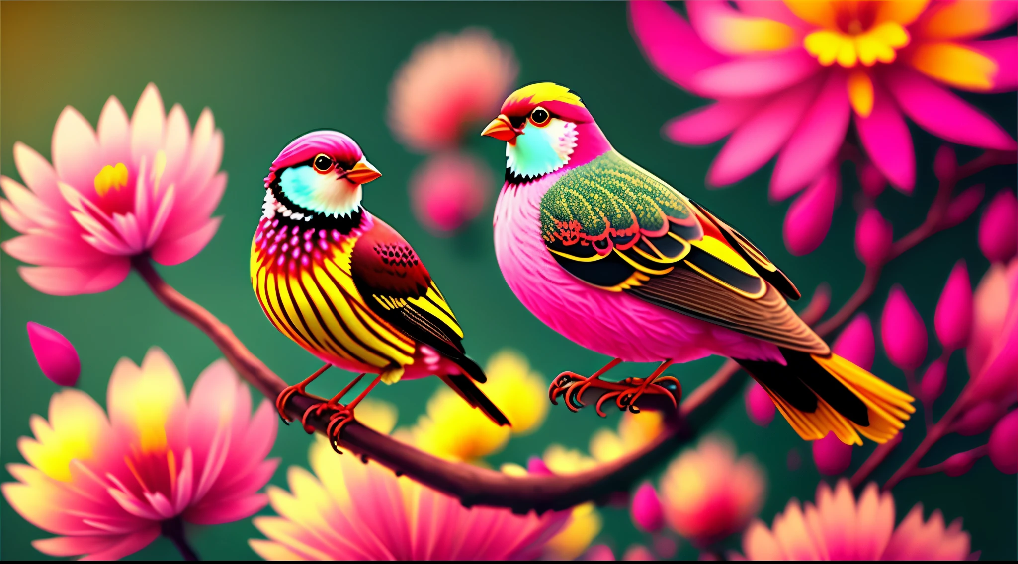 a bird sitting on a branch with pink flowers, cgi art, red-yellow colors, hyperrealistic sparrows, pinterest, photorealistic artstyle, in rich color, an ai generated image, very detailed portrait, singing for you, breathtaking render