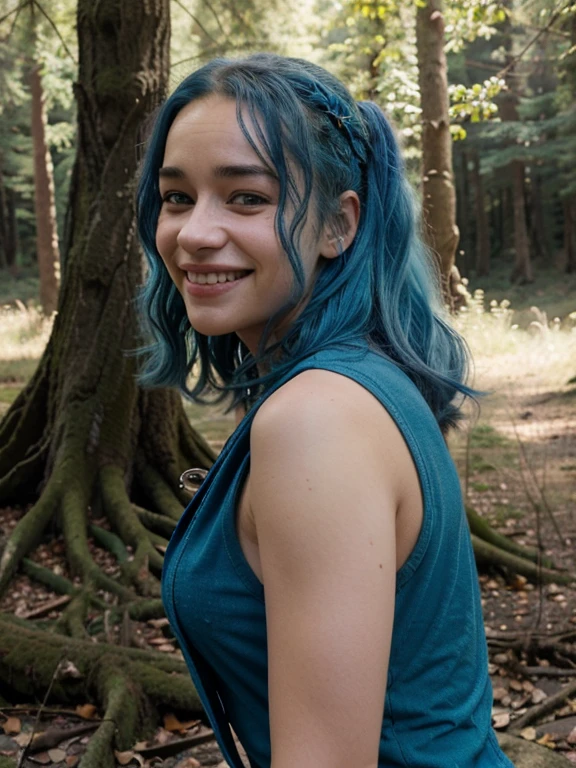21 years old smiling woman with blue hair and Emilia Clarke face in a forest hiking