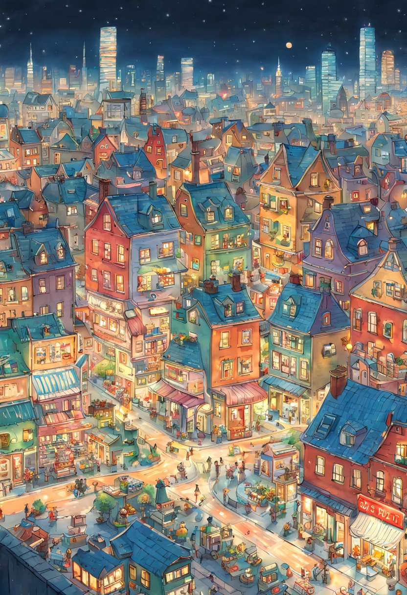 City View, Night, by Richard Scarry, enhance, intricate, (best quality, masterpiece, Representative work, official art, Professional, unity 8k wallpaper:1.3)