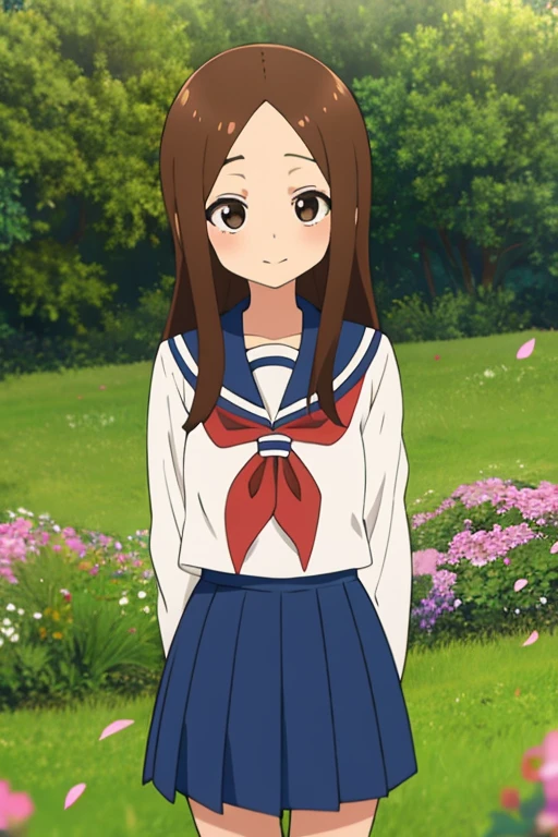 (actual),(photoactual),Takagi_mulberry, 1 girl, long whitr hair,((White school shirt)), Brown hair, Partial bangs, Brown eyes, Shirase Fuku, Sailor collar, red neckchief, short  skirt, longer sleeves, forehead, ssmile, looking at viewert, tmasterpiece,The upper part of the body, Best quality at best, (Colorful),volumatic optic, optic线追踪,extremely detaild的 CG unified 8k wallpapers,ssmile,((Fly petals)),(meadow with flowers), 阳optic明媚,阳optic, optic, fanciful, Windy, magic sparks, The tree, lake, Mountain people)),field,