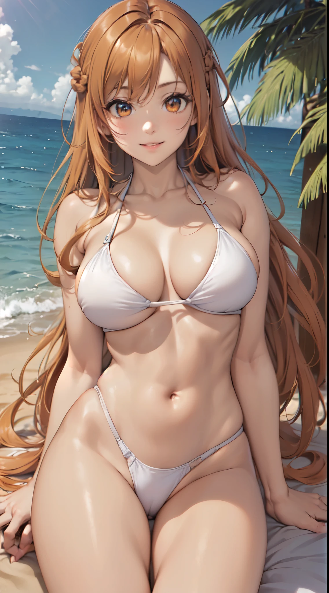 (masterpiece:1.5),(very precise details:1.4),(Ultra High Resolution,the Extremely Detailed CG Unity 8K Wallpapers:1.4),(vivid colors:1.4),very bright sunlight,(Realistic,Photorealsitic,hyper realisitic:1.5),(Curve,Model,Farbe care:1.4),Beautiful breasts,Farbe_aberration,beautiful detailed shadow,Beautiful eyes,Beautiful body,Beautiful skin,beautifull hands,(A slender:1.4),(Aesthetic Anime Eyes:1.5),(Smile:1.4),(white and blue high leg swimsuit:1.5),Slightly open mouth,(Crown Half Up:1.4),
(large breasts,Hide all breasts:1.4),(Aesthetic Anime Eyes:1.4),(beautiful woman hand:1.4),(Orange Eyes:1.4),(white and blue high leg swimsuit:1.4),(Open your legs to the sides,Crotch indirect:1.4)(bright orange hair:1.4),A Japanese Lady、Neat and clean woman、Super Cute,High Leg Swim Racing Suit,(Beautiful beaches in Hawaii:1.4),