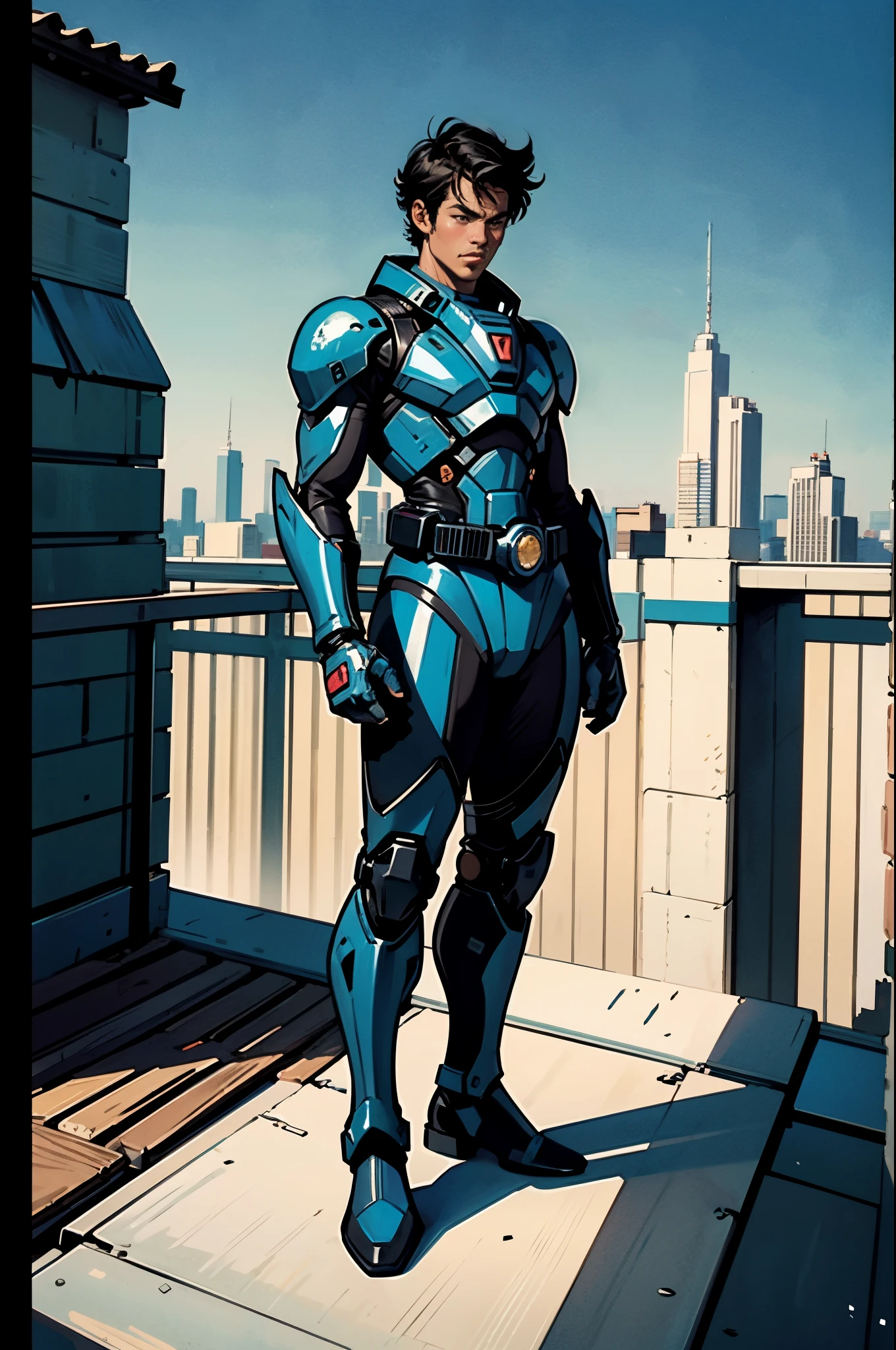 A super a high-tech biotech battle suit, standing on a rooftop, looking over the city, Japanese tokusatsu and American comic style, biometallic texture of the suit, sleek and shiny, dynamic, fast, natural light, cinematic, high quality, high resolution, high detail, sophisticated design, dramatic, high definition, ultra-detailed, ultra-fine painting, extremely delicate, creativity, Natural light, cinematic lighting, best shadow, masterpiece-anatomy-perfect