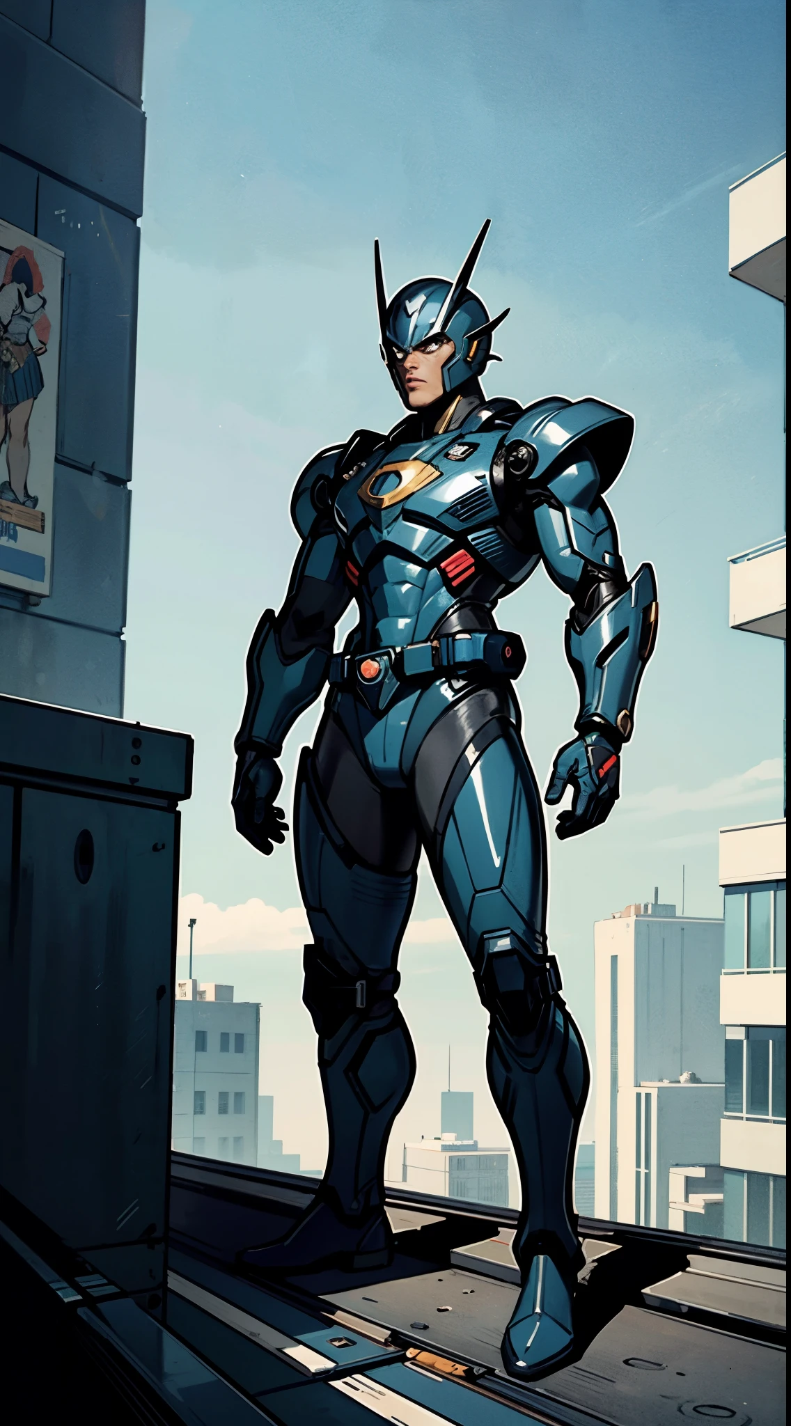A super a high-tech biotech battle suit, standing on a rooftop, looking over the city, Japanese tokusatsu and American comic style, biometallic texture of the suit, sleek and shiny, dynamic, fast, natural light, cinematic, high quality, high resolution, high detail, sophisticated design, dramatic, high definition, ultra-detailed, ultra-fine painting, extremely delicate, creativity, Natural light, cinematic lighting, best shadow, masterpiece-anatomy-perfect