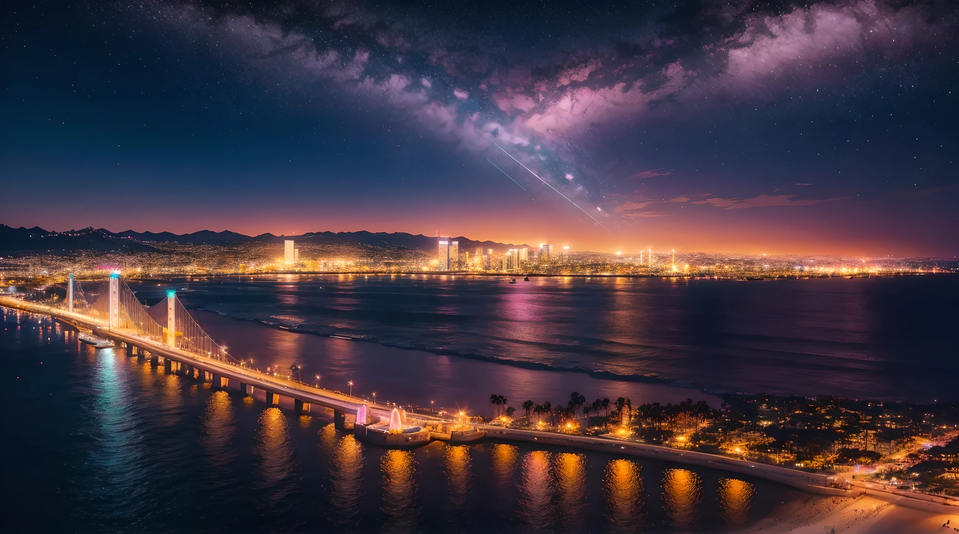 (unparalleled masterpiece), ultra detailed beach city view of California at night, bokeh, 8k, pink neon tetradic colors