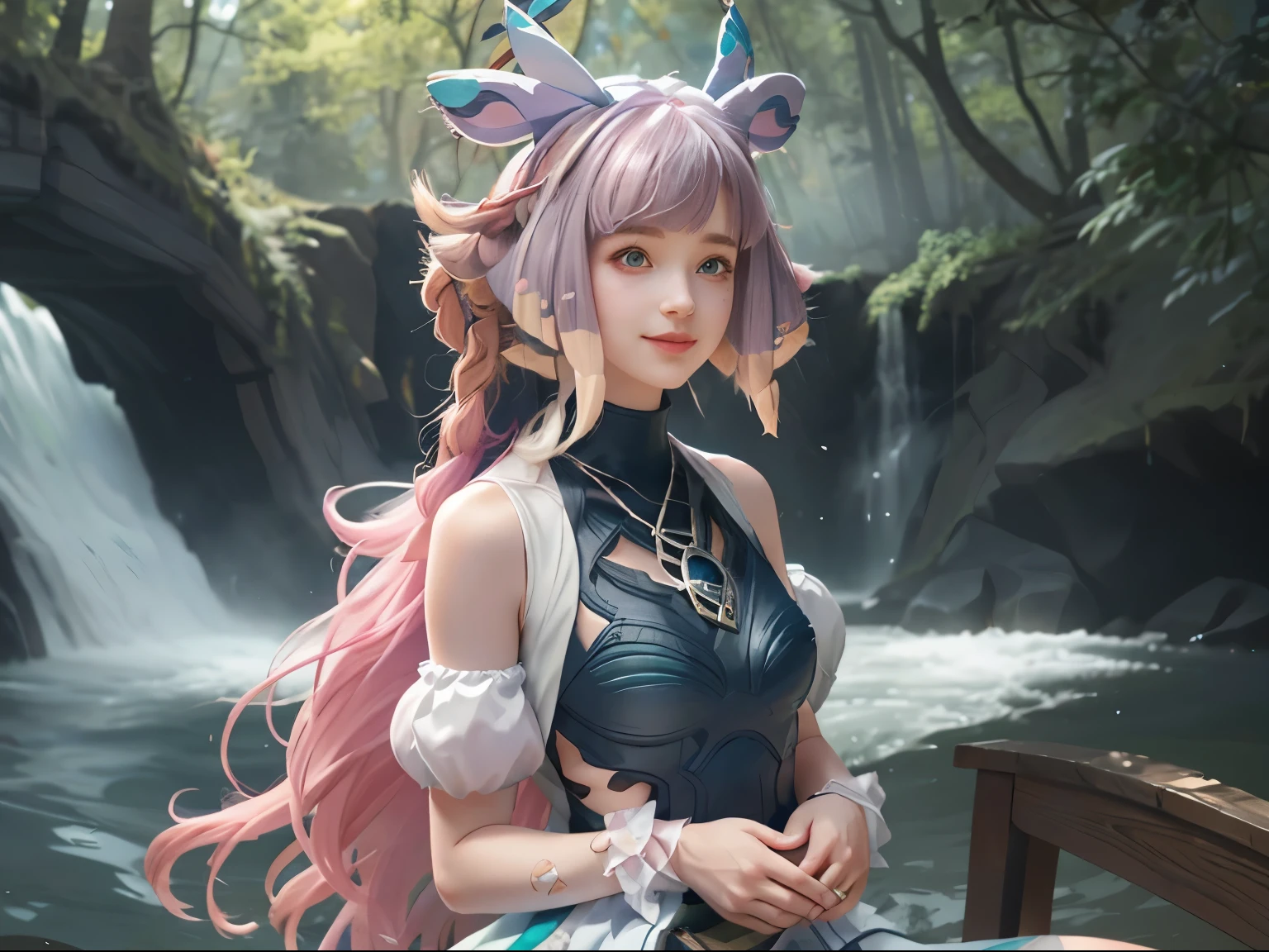 ((big breasts)), 1girl, solo, long hair, smile, blue eyes, large breasts, dress, bare shoulders,  very long hair, purple hair, braid, sleeveless, mole, mole under eye, turquoise necklace, horn, (masterpiece,best quality:1.5),: A charming young girl with flowing pink hair sits atop a hill near a breathtaking waterfall. She is adorned in a fluffy pink dress and cute cat ears, while holding a small white furry cat in her arms. Her face exudes pure cuteness, and against the backdrop of a vibrant blue sky and a gentle fog, she radiates an aura of innocence and serenity. This stunning image, whether captured in a photograph or painted with meticulous detail, seamlessly combines elements of whimsy, tranquility, and artistic prowess, creating an enchanting masterpiece that captivates viewers with its impeccable quality.