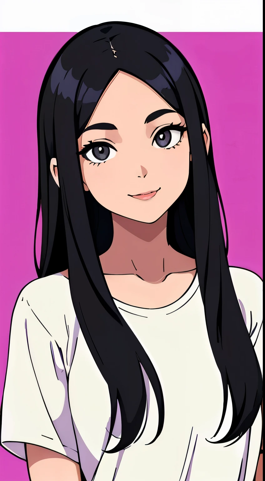 One girl with black hair, hair length until bust, straight hair, hair parted in center of head, round face. hairstyle with a center part, that the hair should be parted down the middle, creating a symmetrical look without any frontal hair covering the forehead. Looking straight. Looking straight at viewers. Smiling. Happy. Wearing casual shirt. Straight pose. Frontal view