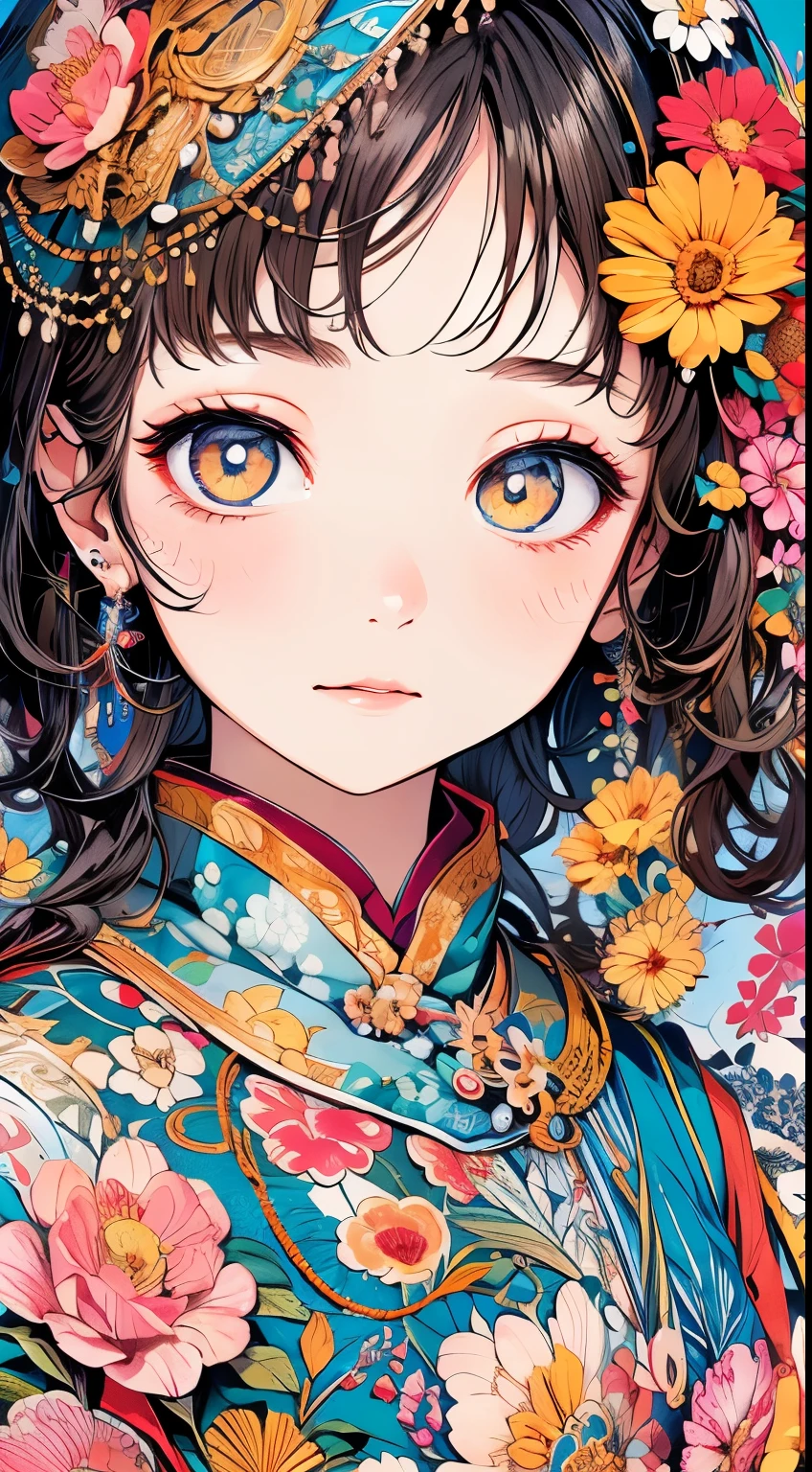 Cute s、parfect anatomy、Painterly、sketch、Texture、独奏、A highly detailed、(Fractal Art:1.1)、(gentle shades:1.1)、(florals:1.6)、The most detailed、(Zentangle:1.2)、(Dynamic Poses)、(Abstract background:1.3)、(shinny skin)、(Many colors:0.8)、、(耳环:1.4)、(pluma:0.9)、Taisho romance,(masterpiece、top-quality、top-quality、Official art、Beautifully Aesthetic:1.2)、