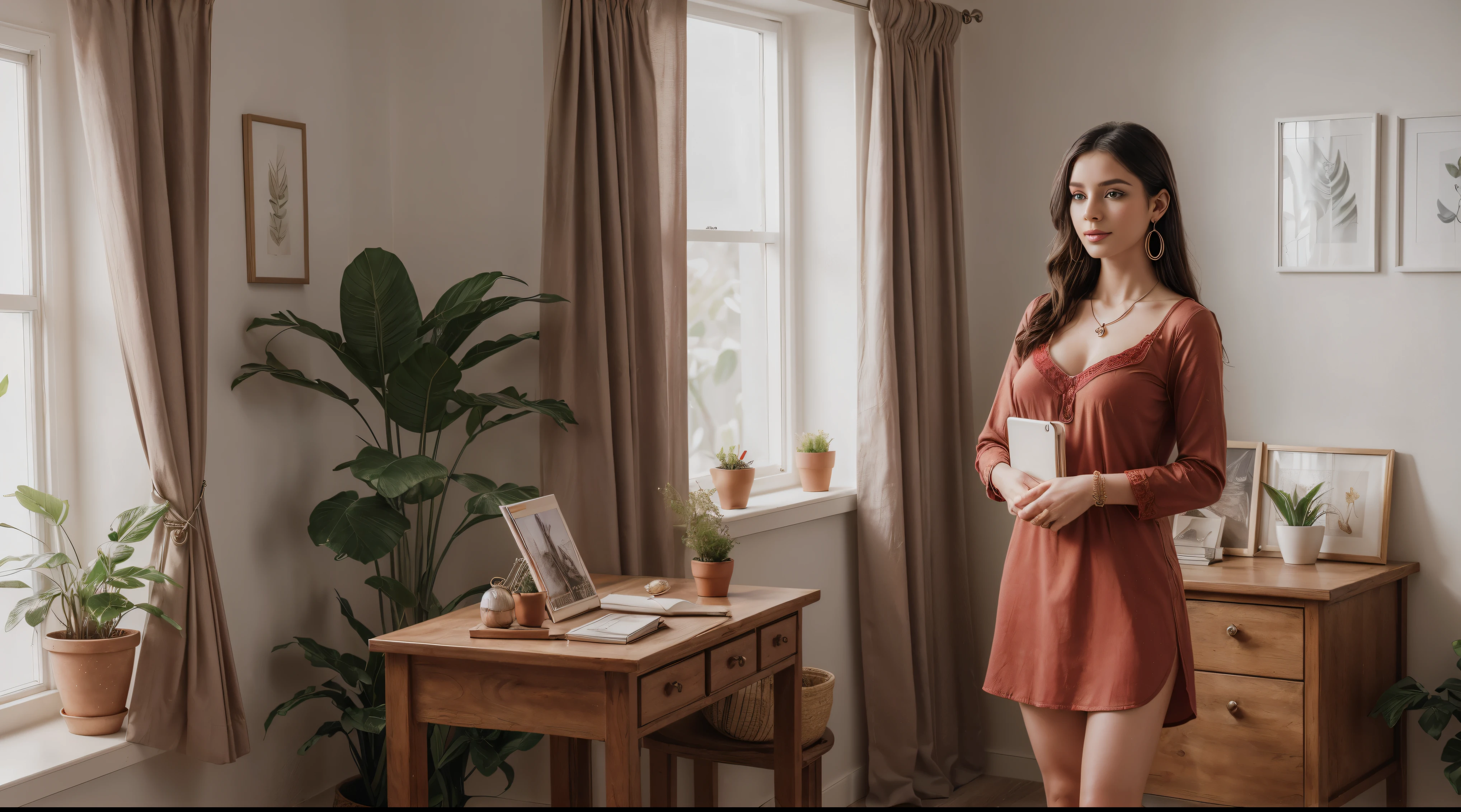 8k, masterpiece, RAW photo, best quality, photorealistic, extremely detailed CG unity 8k wallpaper, Depth of field, Cinematic Light, Lens Flare, Ray tracing, (extremely beautiful face, beautiful lips, beautiful eyes), intricate detail face, ((ultra detailed skin)) 1girl, 17years old, studying in her aesthetic room, deep shadow, [Raiana-Elizabeth-Dilla], pretty girl, (very slim slender fit-muscled body:1.3), ((looking at viewer)),(big smile:1), (sexy ((ultra-short ((red:1.3)) bohemian-style mini-shirt-dress, traditional fashion),(without people in the background:1.3), girl studying in her aesthetic room, cozy atmosphere, natural lighting, vintage furniture, inspiring quotes on the walls, plants and flowers on the windowsill, warm color palette, soft and comfortable seating area, beautiful artwork on the walls, dainty desk accessories, organized bookshelves, a cup of coffee on the table, dreamy curtains, fairy lights, motivational books and stationery, a cozy blanket, a laptop and notebooks on the desk, a peaceful and calm ambiance, serene music playing in the background. beautiful earrings, bracelets, necklace, clear eyes, (pale skin), (big eyeace forward, ((full body cinematic shot)), (black hairs), (looking at viewer:1.3) open breast, very slim, large breasts, touching the breast, highly detailed, ultra realistic,