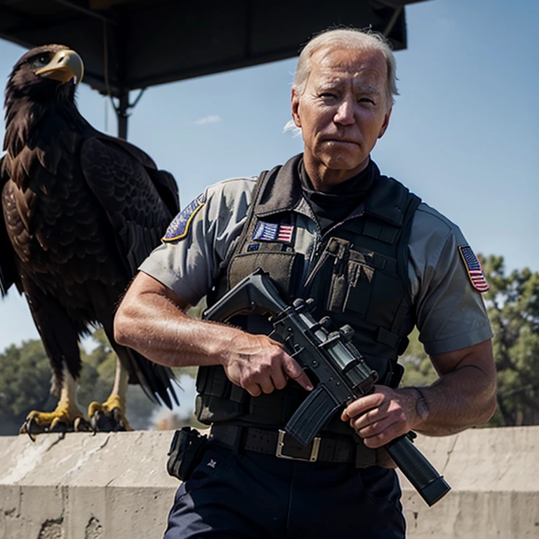 Jacked joe Biden with an ak 47 and a bold eagle on his shoulder and a usa flag in the background.