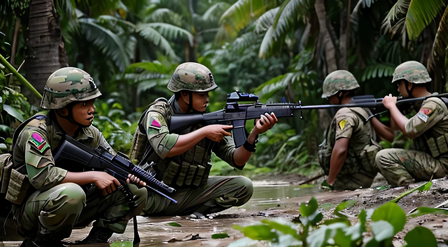 A group of heavily armed soldiers and a group of civilians in the jungle are moving cautiously