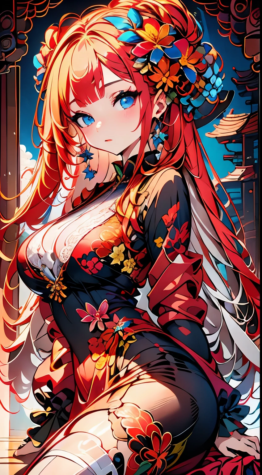 Cute little girl s、parfect anatomy、Painterly、sketch、Texture、独奏、A highly detailed、(Fractal Art:1.1)、(gentle shades:1.1)、(florals:1.6)、The most detailed、(Zentangle:1.2)、(Dynamic Poses)、(Abstract background:1.3)、(shinny skin)、(Many colors:0.8)、、(耳环:1.4)、(pluma:0.9)、Taisho romance,(​masterpiece、top-quality、top-quality、Official art、Beautifully Aesthetic:1.2)、