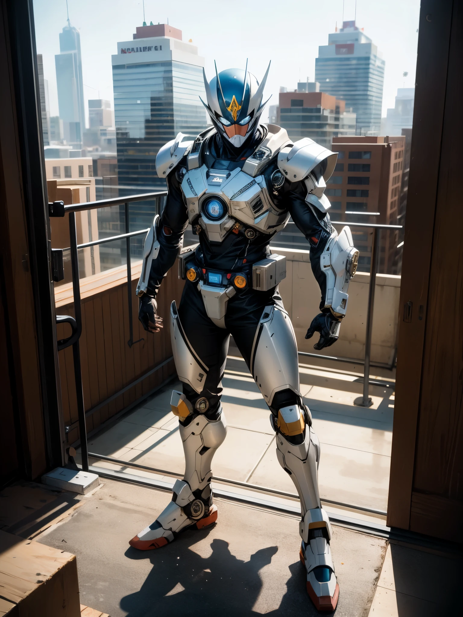 A super  a high-tech biotech battle suit, standing on a rooftop, looking over the city, Japanese tokusatsu and American comic style, biometallic texture of the suit, sleek and shiny, dynamic, fast, natural light, cinematic, high quality, high resolution, high detail, sophisticated design, dramatic, high definition, ultra-detailed, ultra-fine painting, extremely delicate, creativity, Natural light, cinematic lighting, best shadow, masterpiece-anatomy-perfect