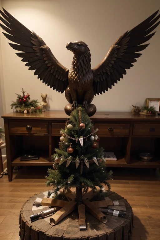 Christmas tree made of knives, there is a griffin next to the tree made of knives, The griffin has wings made of knives, New Year's background