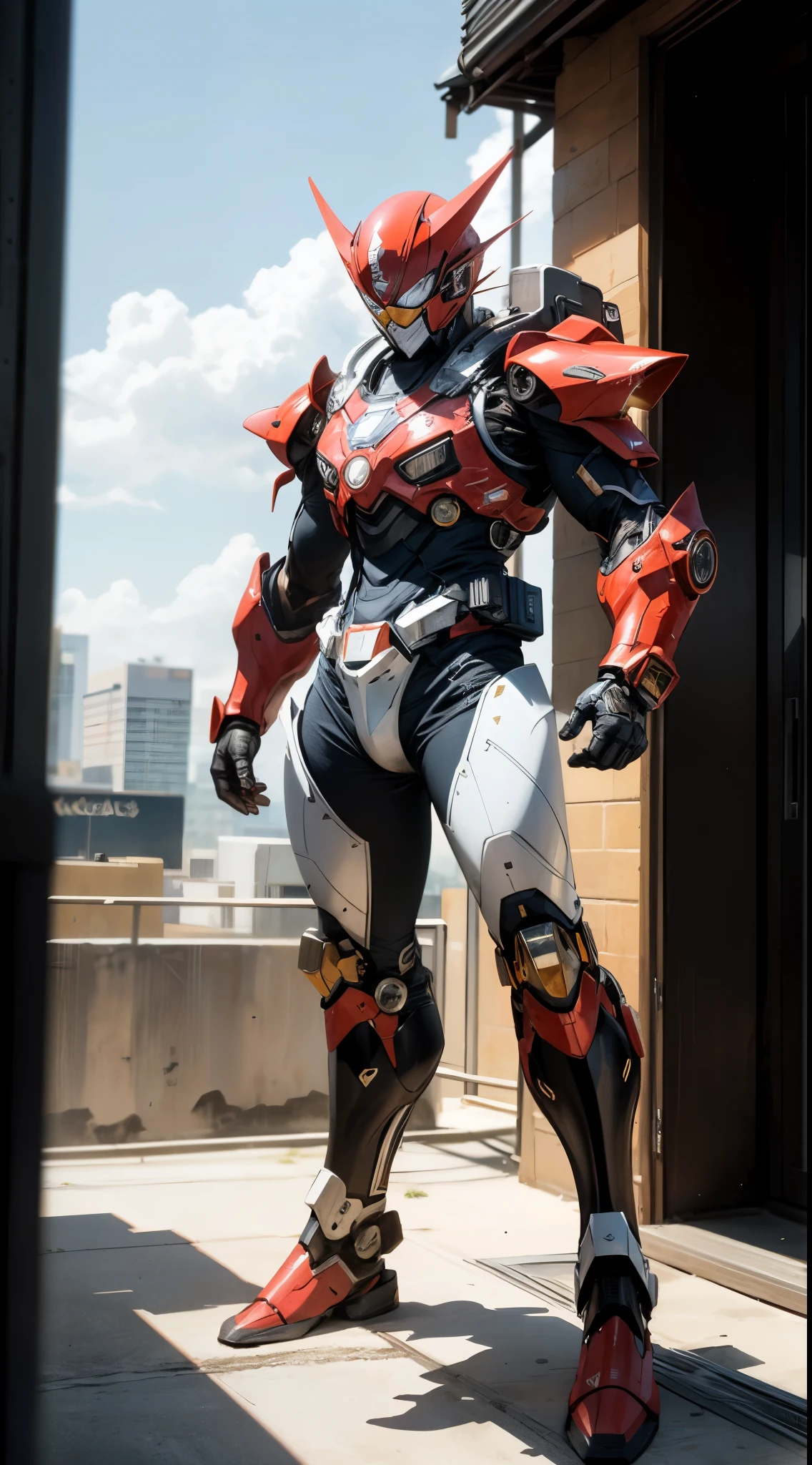 A super a high-tech biotech battle suit, standing on a rooftop, looking over the city, Japanese tokusatsu and American comic style, biometallic texture of the suit, sleek and shiny, dynamic, fast, natural light, cinematic, high quality, high resolution, high detail, sophisticated design, dramatic, high definition, ultra-detailed, ultra-fine painting, extremely delicate, creativity, Natural light, cinematic lighting, best shadow, masterpiece-anatomy-perfect