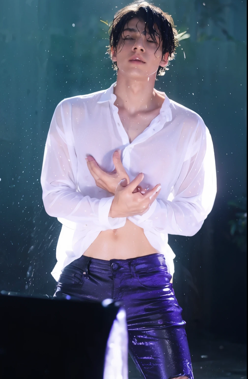 Boy all wet and see through shirt and black jeans and white shirt