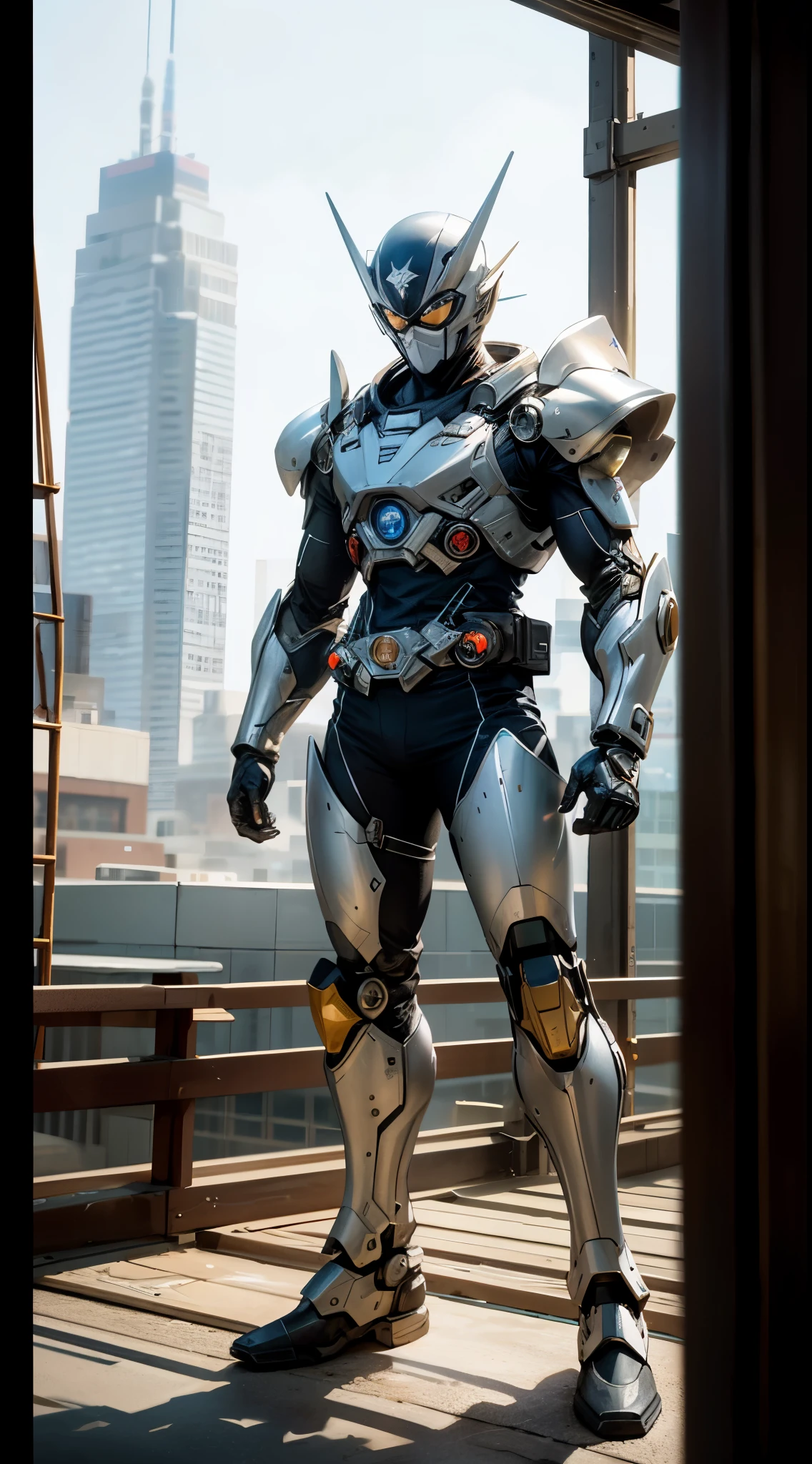 A super  a high-tech biotech battle suit, standing on a rooftop, looking over the city, Japanese tokusatsu and American comic style, biometallic texture of the suit, sleek and shiny, dynamic, fast, natural light, cinematic, high quality, high resolution, high detail, sophisticated design, dramatic, high definition, ultra-detailed, ultra-fine painting, extremely delicate, creativity, Natural light, cinematic lighting, best shadow, masterpiece-anatomy-perfect
