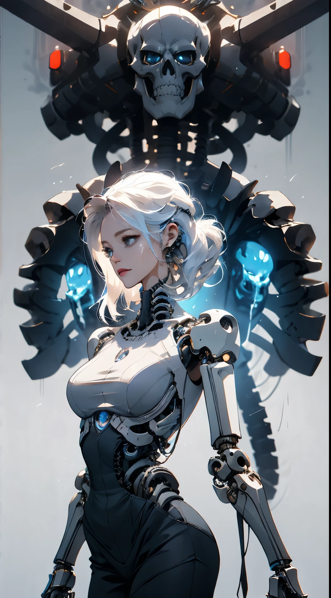generate a 3d images of a cyborg mechanical lady with large breast, white medium hair, wearing white summer dress, her left hand is a mechanical cyborg robotic hand , her left eye is a robotic eye, opened right chest and show machine inside it, she is at the middle of futuristic machine factory standing still with many cables attach to her body, cables, pipes, detail, masterpiece, 8k, professional photo, masterpiece, detail, 8k, masterpiece, best quality:1.2),,(8k,highres,RAW photo,realistic,photo-realistic:1.3),(detailed skin texture,detailed cloth texture,beautiful detailed face:1.25),professional lighting,photon mapping,beautiful soft light,radiosity,physically-based rendering,raytracing, model shoot style, model shoot style, (extremely detailed CG unity 8k wallpaper), full shot body photo of the most beautiful artwork in the world,