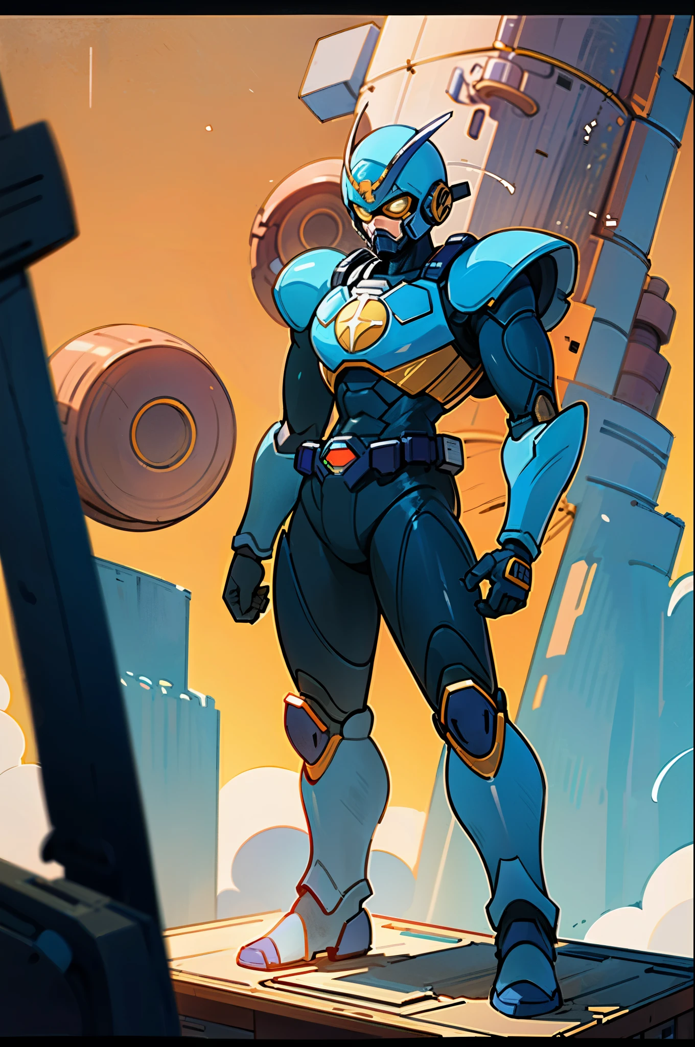 A super a high-tech biotech battle suit, standing on a rooftop, looking over the city, Japanese tokusatsu and American comic style, biometallic texture of the suit, sleek and shiny, dynamic, fast, natural light, cinematic, high quality, high resolution, high detail, sophisticated design, dramatic, high definition, ultra-detailed, ultra-fine painting, extremely delicate, creativity, Natural light, cinematic lighting, best shadow, masterpiece-anatomy-perfect