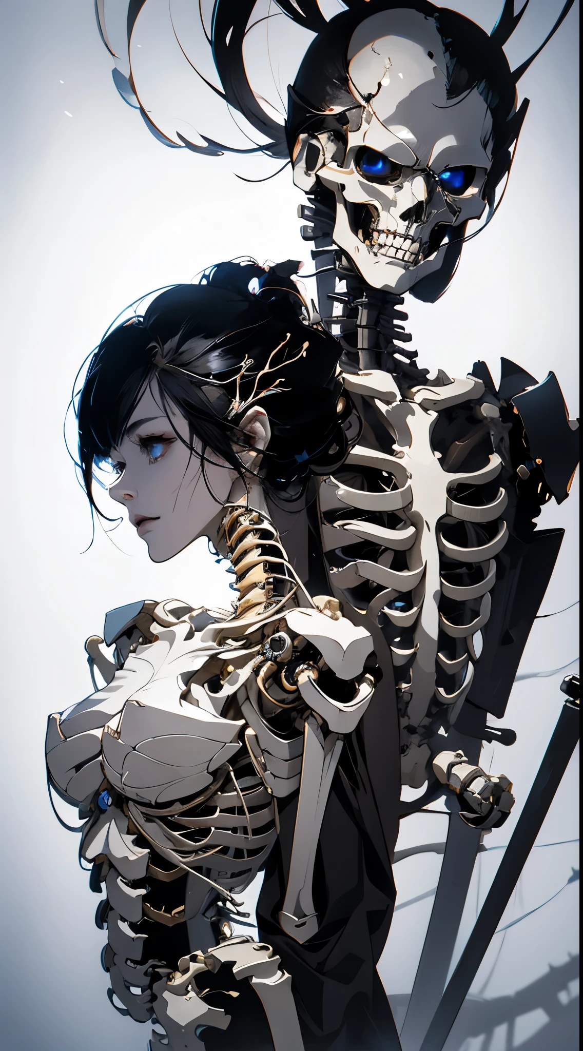 Anime style image of a woman with a skeleton body and helmet, unreal engine rendered + goddes, biomechanical oppai, Highly detailed cybernetic mechanics, white biomechanical details, female robot body, 3D rendering character art 8k, Detailed body, Complex mechanical bodies, cybernetic and highly detailed