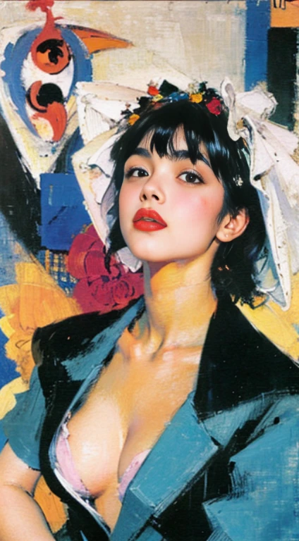 a close up of a woman with a flower crown on her head, asian features, jinyoung shin, inspired by Yanjun Cheng, traditional art, korean artist, gorgeous chinese model, yanjun chengt, fanart, by Ni Tian, beautiful south korean woman, official artwork, by Wu Bin, wenfei ye, popular south korean makeup, a young asian woman absolutely abstract Retro vintage art print, sexy, glamorous pin-up girl wearing a sailors hat, bikini, A painting of a woman wife ((golden ratio}} laying on the sofa after a long night on the town, a painting, a Beautiful expressive painting, malcolm liepke painting, glossy painting, beautiful digital painting, digital art painting, Fine paintings, monochromatic. malcolm liepke oil painting, impressionist painting.Spread your legs apart, beautiful and delicate face, fair skin