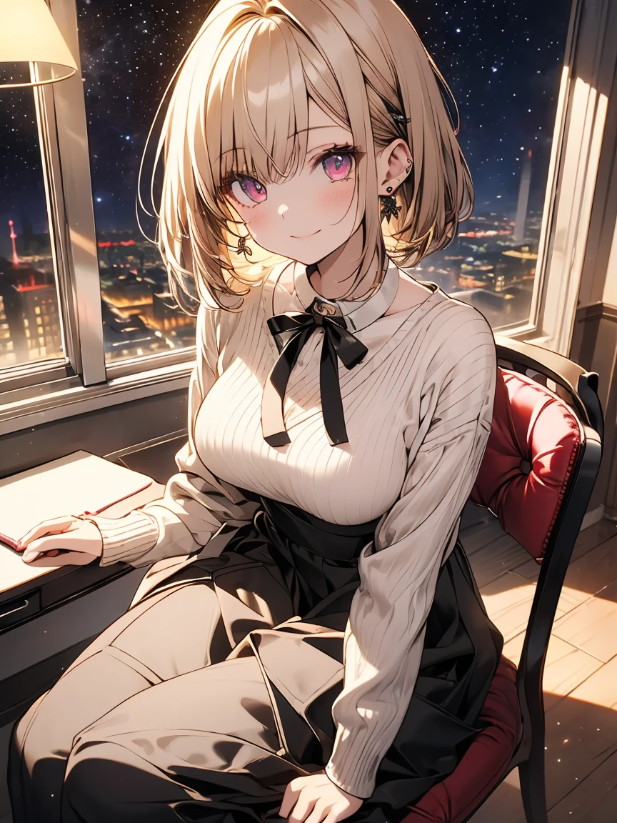 masterpiece, absurdres, best quality, ultra detailed, high Resolution, detailed illustration, extremely beautiful detailed face and eyes, bright colour, 1girl, (loli), cute face, Delicate beautiful face, magenta eyes, cute eyes, sparkling eyes, big eyes, medium breasts, (perky breasts:1.1), (pointy breasts:1.1), medium hips, glamorous body, white skin, grin, BREAK, long bob cut, (blonde hair:0.8), messy hair, detailed hair, shiny hair, BREAK sweater, long skirt, tiny ribbon, study, at class room, desk, note, sitting chair, universe, real world, natural lights, perfect lighting,