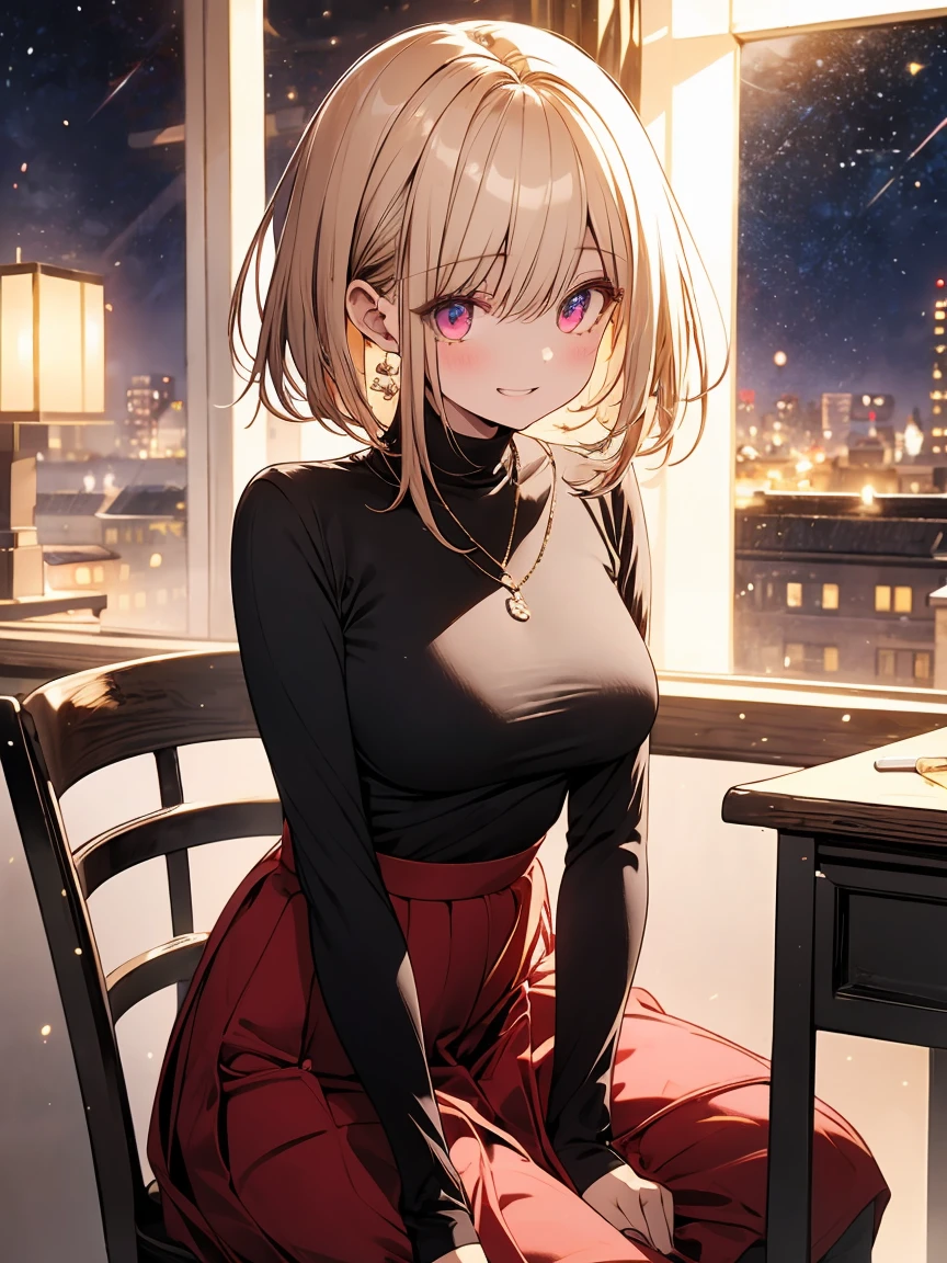 masterpiece, absurdres, best quality, ultra detailed, high Resolution, detailed illustration, extremely beautiful detailed face and eyes, bright colour, 1girl, (loli), cute face, Delicate beautiful face, magenta eyes, cute eyes, sparkling eyes, big eyes, medium breasts, (perky breasts:1.1), (pointy breasts:1.1), medium hips, glamorous body, white skin, grin, BREAK, long bob cut, (blonde hair:0.8), messy hair, detailed hair, shiny hair, BREAK sweater, long skirt, tiny ribbon, study, at class room, desk, note, sitting chair, universe, real world, natural lights, perfect lighting,