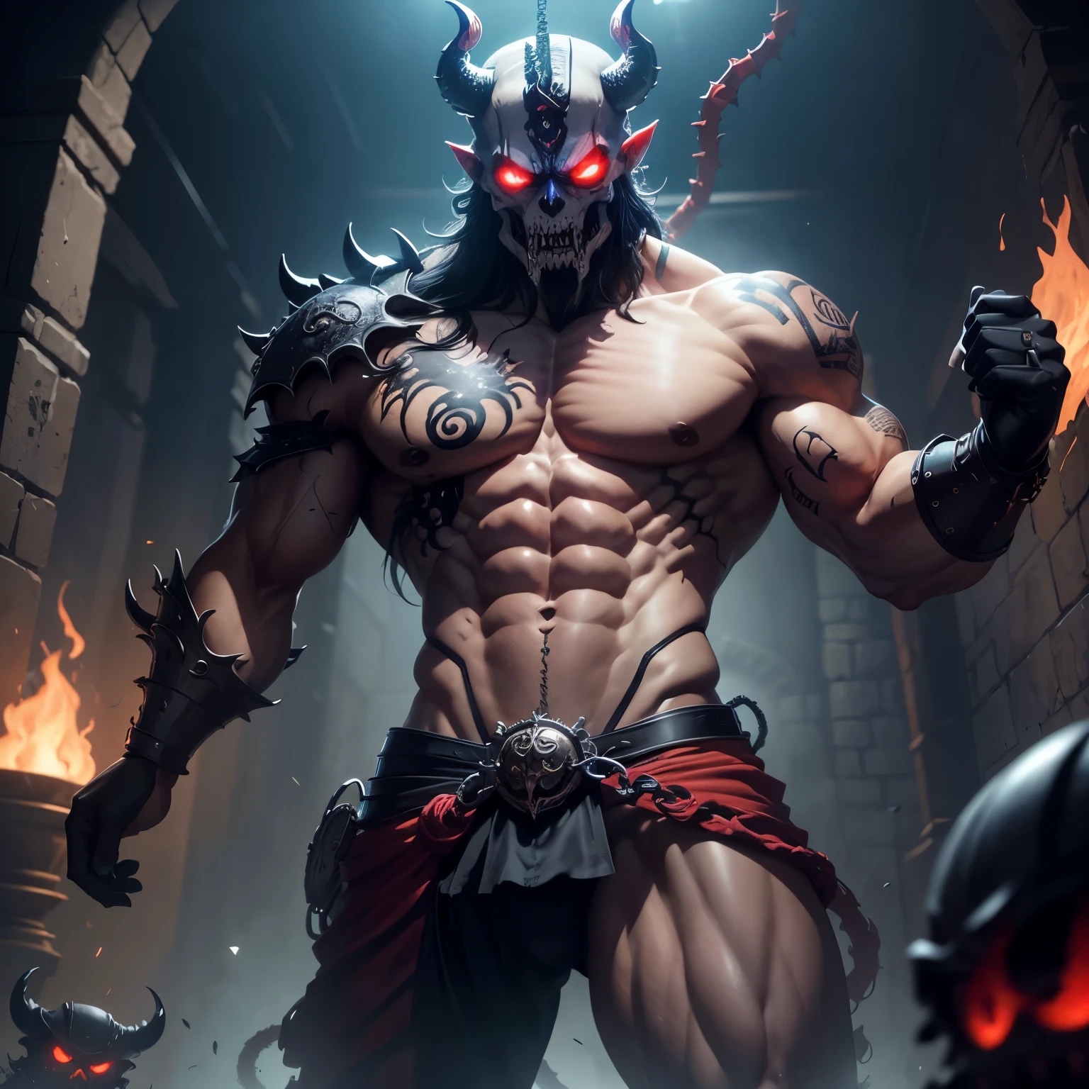 Giant strong slim abs boy, Corpo masculino esculpido, atraente, tonificado, defined muscles, seductiveexpression, lighting highlighting contours, sensualidade, poses provocativas, atmosfera cativante, apelo visual, imagem sexy, Ghoul, youkai, Oni, homem bonito, demon slayer, budismo, bestial skull, Shinto creature, olhos vermelhos, anime, Japan, hannya, correntes ensanguentadas, preso, ossos Behemoth, pele morta, pele escura, manic eye aberration, membros suturados, tentacles, ossos, dentes, presas afiadas, anatomicamente perfeito, acorrentado, expression of insanity, loucura, dungeon dungeon environment, inferno, Hades, manga, 8k, qualidade ultra HD.