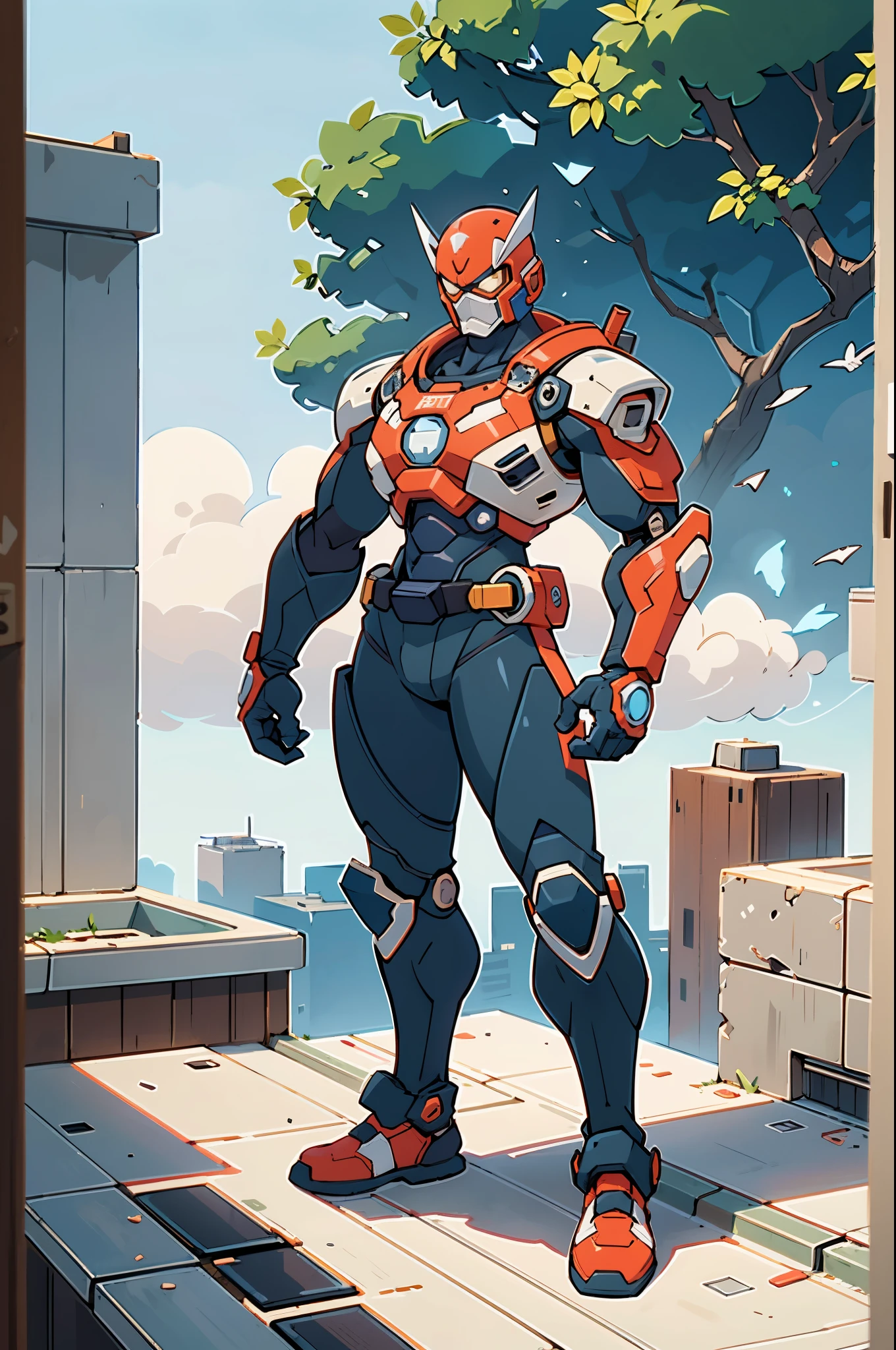 A super a high-tech biotech battle suit, standing on a rooftop, looking over the city, Japanese tokusatsu and American comic style, biometallic texture of the suit, sleek and shiny, dynamic, fast, natural light, cinematic, high quality, high resolution, high detail, sophisticated design, dramatic, high definition, ultra-detailed, ultra-fine painting, extremely delicate, creativity, Natural light, cinematic lighting, best shadow, masterpiece-anatomy-perfect