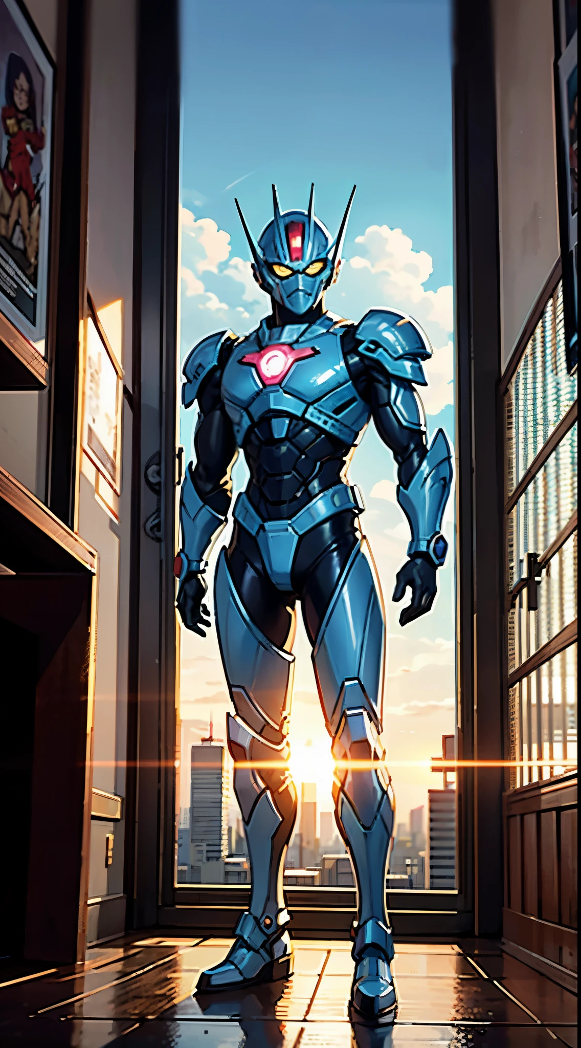 A super a high-tech biotech battle suit, standing on a rooftop, looking over the city, Japanese tokusatsu and American comic style, biometallic texture of the suit, sleek and shiny, dynamic, fast, natural light, cinematic, high quality, high resolution, high detail, sophisticated design, dramatic, high definition, ultra-detailed, ultra-fine painting, extremely delicate, creativity, Natural light, cinematic lighting, best shadow, masterpiece-anatomy-perfect