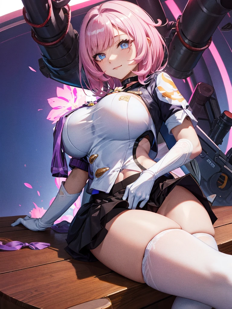 Breast Focus , ((Best Quality)), ((masutepiece)), Perfect face, , school girl uniform , mini skirt , (((White long Gloves))) , skin dantation , huge breasted , ((Gigantic breasted)) , (Black Over Knee High) , (((crotch tatoo))) , eyeshadows , ((gleaming skin)) , Collar , Pivic_The tattoo , Vulgarity, zettai ryouiki , (thick thight) , looking at viewer , sitting on the chair , Navel exposure , valley , neck tie , teak , Tear bag , 耳环 , Ultramammy , A slight smil , short hair