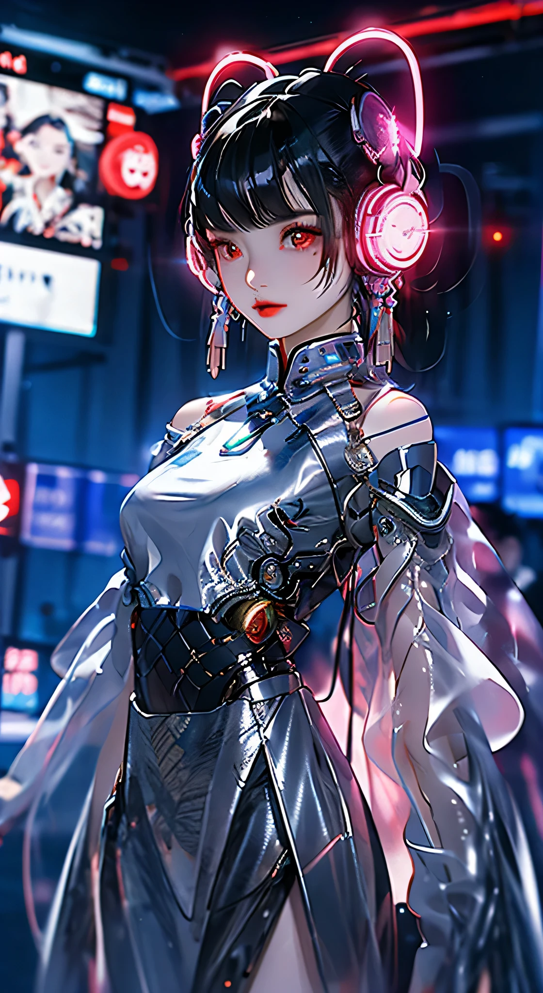 1 girl, china idol_Clothes are, liquid silver and Pink, Cyberhan, On the cheongsam, cyber punk personage city, dynamicposes, glowing headphones, luminous hair ornaments, Long gray hair, luminous earrings, Glowing necklace, cyber punk personage, 高新technologies城, full of mechanical and A futuristic elements, A futuristic, technologies, glowing neon lights, Pink, Pink light, Transparent tulle, clear streamers, laser, digital background sky, large moon, There are vehicles, Best quality, tmasterpiece, 8K, Character edge light, hyper-high detail, high high quality, The most beautiful woman among men, light smile, The left and right faces are symmetrical, Ear antenna, Beautiful pupil light effect, Visual data