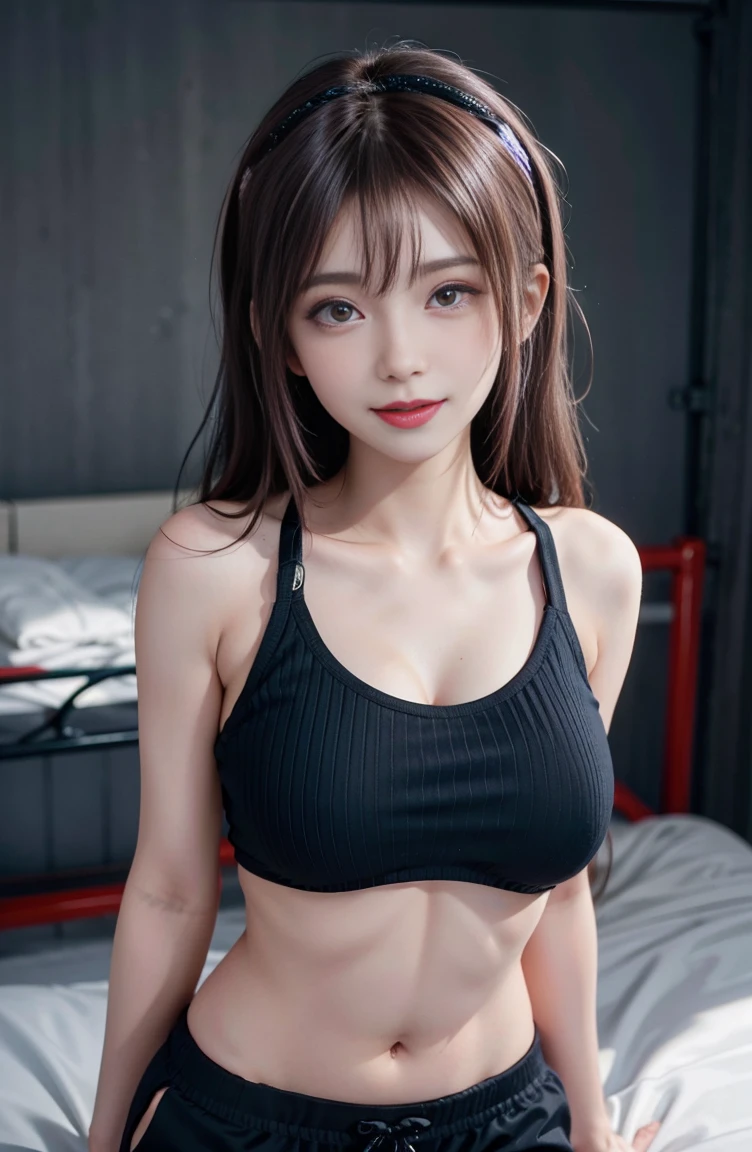 (Best Quality, 8K, 32K, masutepiece, nffsw:1.2), Kizuna Ai, Huge breasts,Long hair, Brown hair, multicolored hair, Floating hair, pink hairband, Pink Highlights, striated hair, Smiling, pink sports bra, black jogging pants, Navel, mountain road, Muscular abs, six packs, Navel piercing