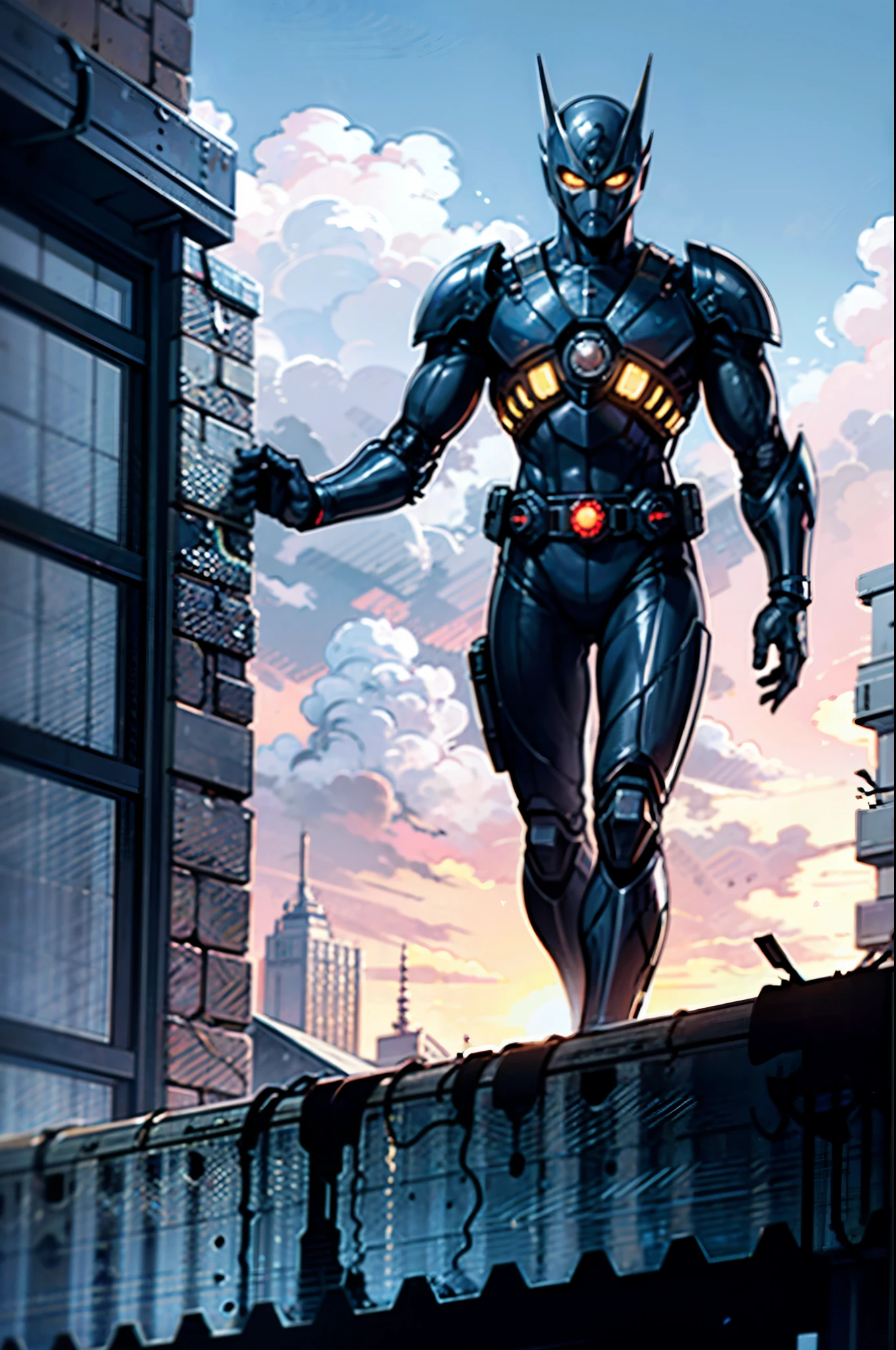 A super a high-tech biotech battle suit, standing on a rooftop, looking over the city, Japanese tokusatsu and American comic style, biometallic texture of the suit, sleek and shiny, dynamic, fast, natural light, cinematic, high quality, high resolution, high detail, sophisticated design, dramatic, high definition, ultra-detailed, ultra-fine painting, extremely delicate, creativity, Natural light, cinematic lighting, best shadow, masterpiece-anatomy-perfect