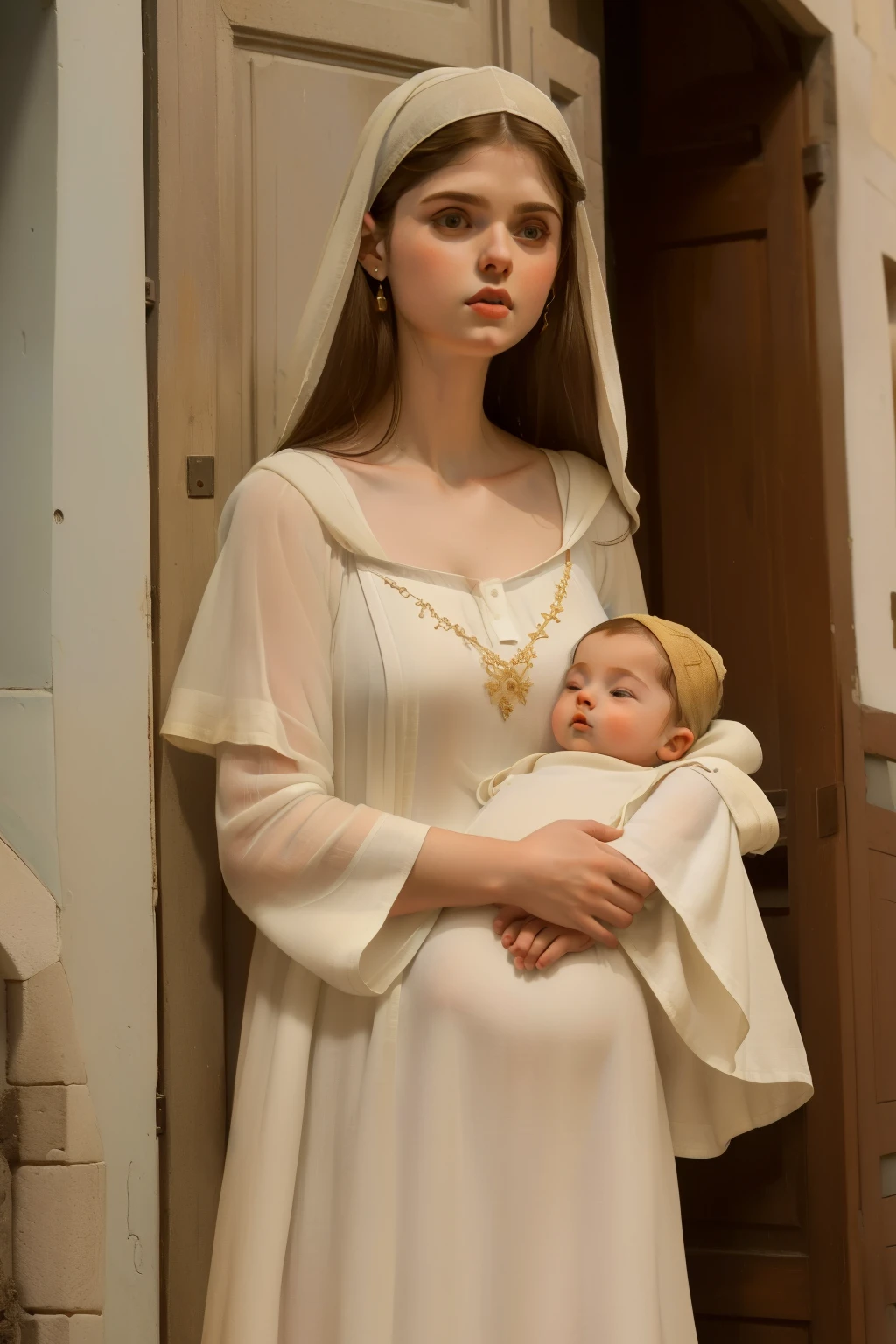 1143, Tours, France. otherworldly scene in a rural medieval street, ((((23-year-old)) Alexandra Daddario)), holding her son, a little ((baby boy)), ((((poor plain tunic gown from the 12th century)))), ((Hairstyle of the 12th century)), ((Wes Anderson cinematic style)), colorful