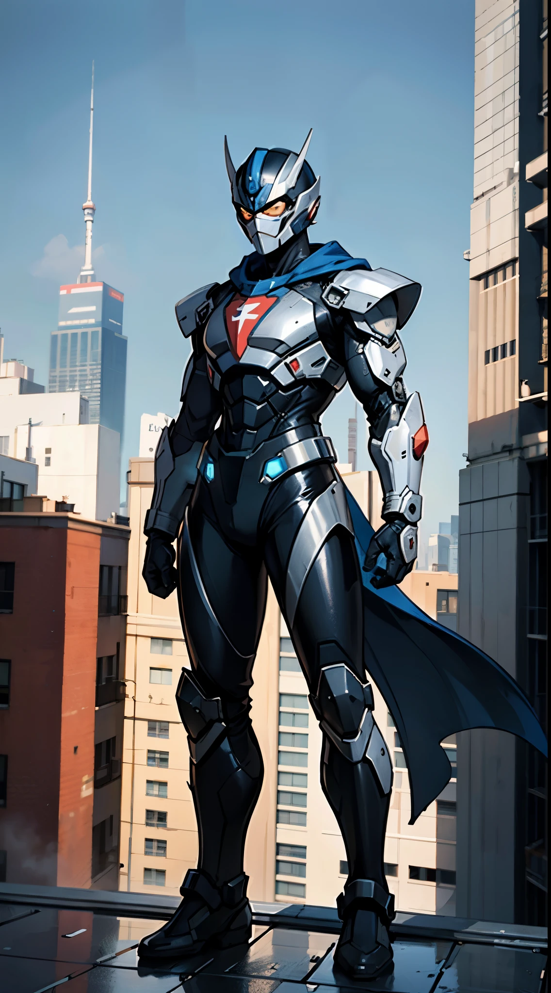 A super a high-tech biotech battle suit, standing on a rooftop, looking over the city, Japanese tokusatsu and American comic style, biometallic texture of the suit, sleek and shiny, dynamic, fast, natural light, cinematic, high quality, high resolution, high detail, sophisticated design, dramatic, high definition, ultra-detailed, ultra-fine painting, extremely delicate, creativity, Natural light, cinematic lighting, best shadow, masterpiece-anatomy-perfect