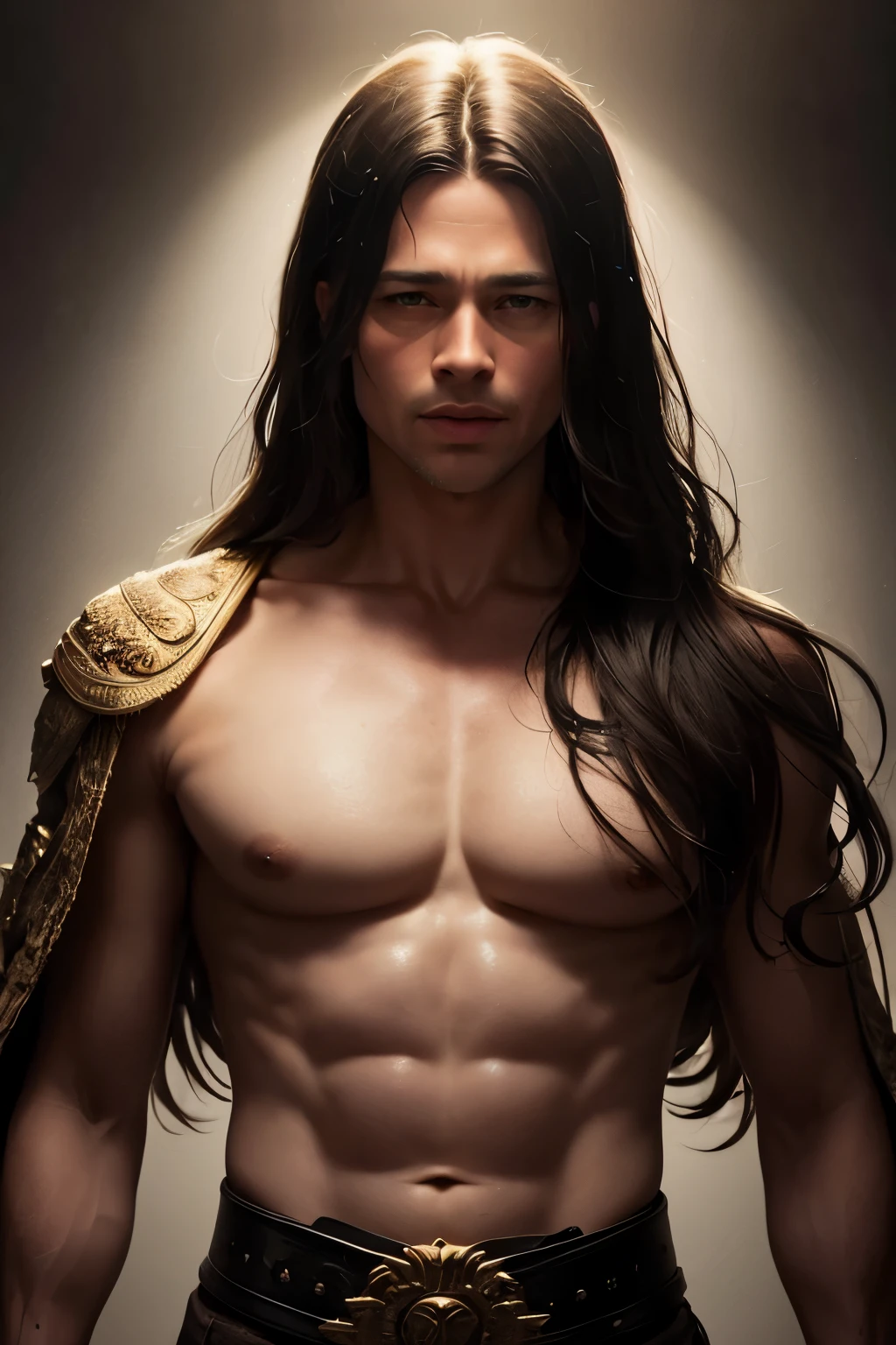 ((best quality)), ((masterpiece)), (detailed), perfect face, Brad Pitt, his face illuminated by a soft, warm glow as if emanating from within, his eyes piercing through the viewer. He is clad in gothic ancient clothes, made of dark, flowing fabrics adorned with intricate gold embroidery and jewels, revealing his toned physique. His skin has an ethereal quality, seemingly translucent in the dim light, and his long, dark hair falls in loose waves around his face, framing it elegantly. The background is shrouded in darkness, adding to the mysterious and otherworldly atmosphere. The lighting casts long shadows across his body, emphasizing his defined features and powerful presence. The overall impression is that of an ancient god, a darkness god, a being who has existed for millennia and has watched humanity rise and fall through the ages.