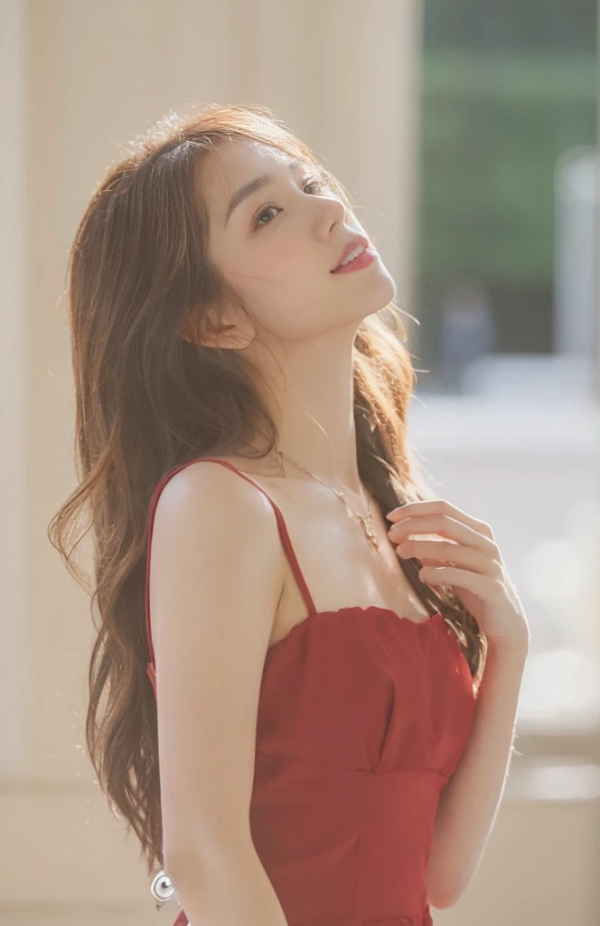 (On a table, Best quality, realistically, ultra - detailed, meticuloso, A high resolution, 8k wallpaper), Close-up portrait of a beautiful woman, Chariada, Smiling, light brown messy hair, Perfect dynamic composition, 美丽meticuloso的眼睛, Just like the cover of a fashion magazine, On campus