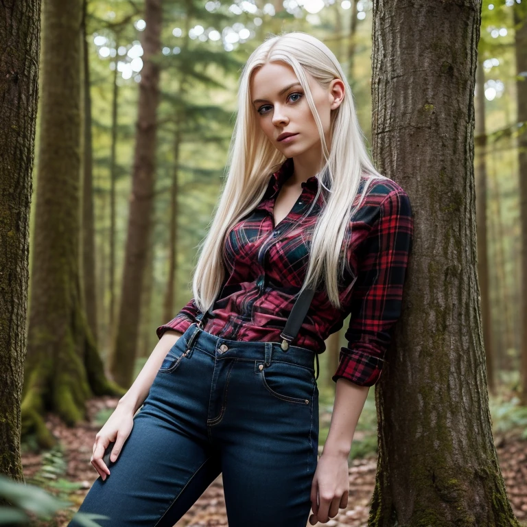 Realistic photograph, portrait, forest background, solo woman, 20 year old woman, Pale blue eyes, Long sleek platinum blonde hair  Fair borderline pale skin, toned build with lean defined muscle, black jeans, red and black plaid shirt tucked into pants, black suspenders, leaning against tree, tucked in shirt