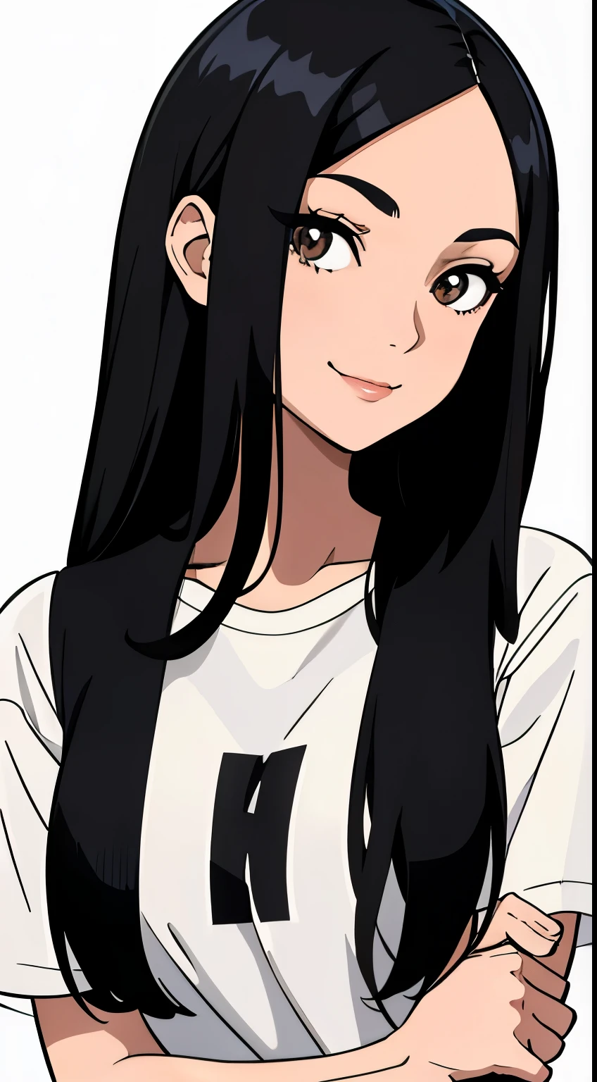 One girl with black hair, hair length until bust, straight hair, hair parted in center of head, round face. hairstyle with a center part, that the hair should be parted down the middle, creating a symmetrical look without any frontal hair covering the forehead. Looking straight. Looking straight at viewers. Smiling. Happy. Wearing casual shirt. Straight pose. Frontal view