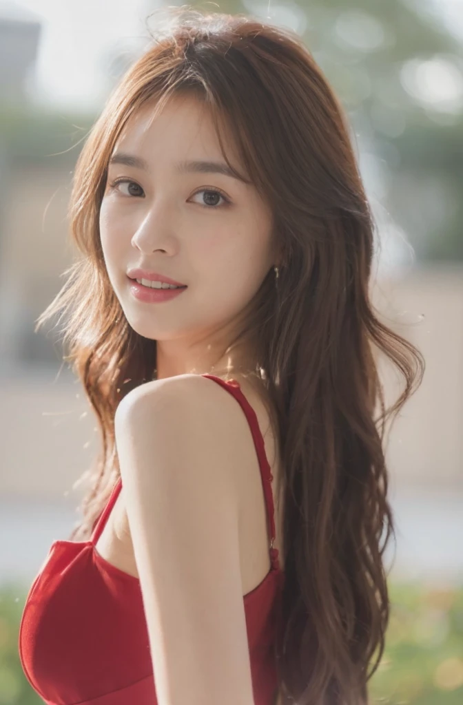 (On a table, Best quality, realistically, ultra - detailed, meticuloso, A high resolution, 8k wallpaper), Close-up portrait of a beautiful woman, Chariada, Smiling, light brown messy hair, Perfect dynamic composition, 美丽meticuloso的眼睛, Just like the cover of a fashion magazine, On campus