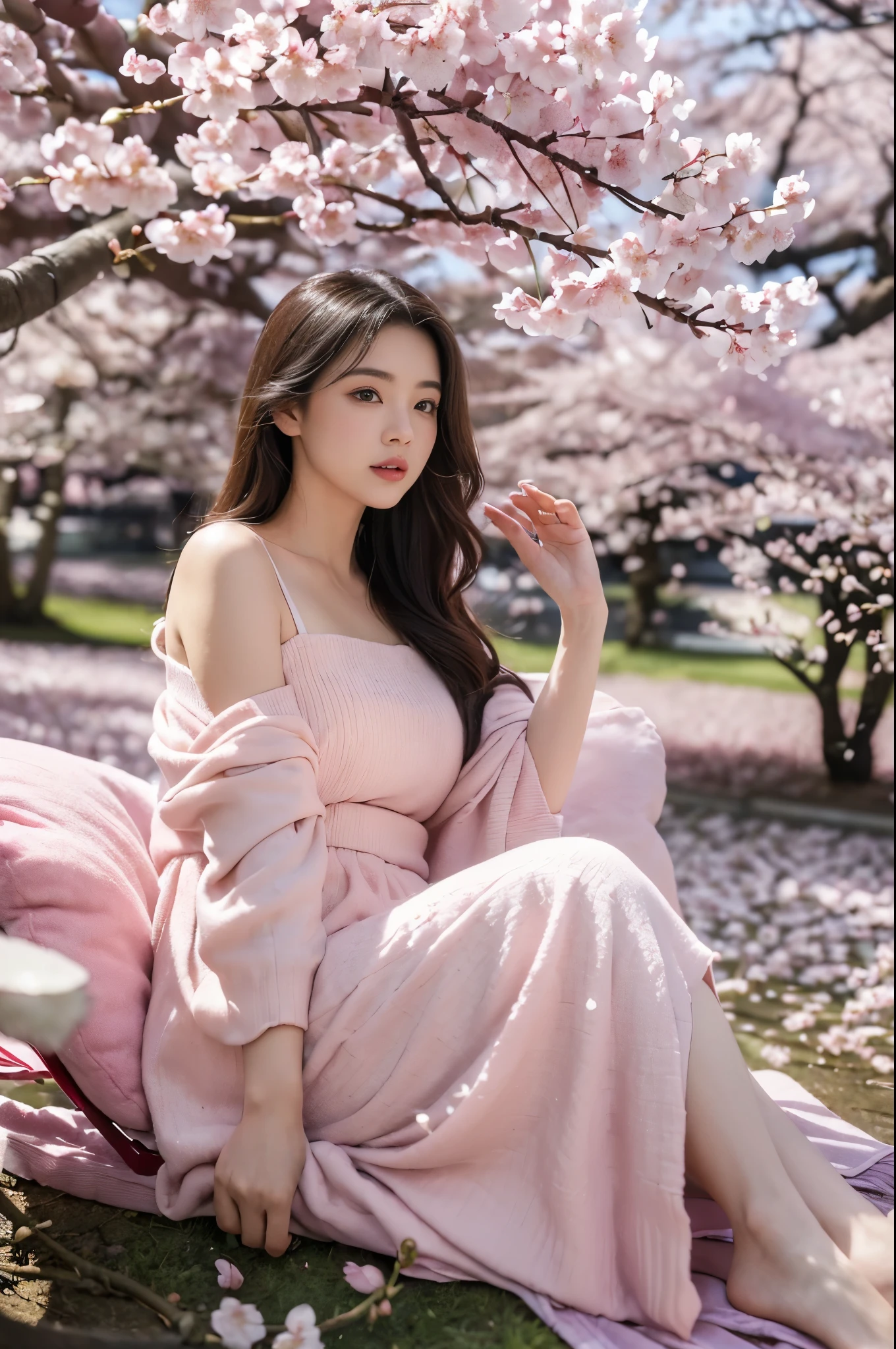 (ultra wide establishing shot, solo focus, cinematic photoshoot of perfect seductive young woman Relaxing Under a Cherry Blossom Tree:1.3), serene scene under a cherry blossom tree in full bloom, with petals gently falling like a soft pink snow, creating a carpet of flowers on a tranquil lakeshore.