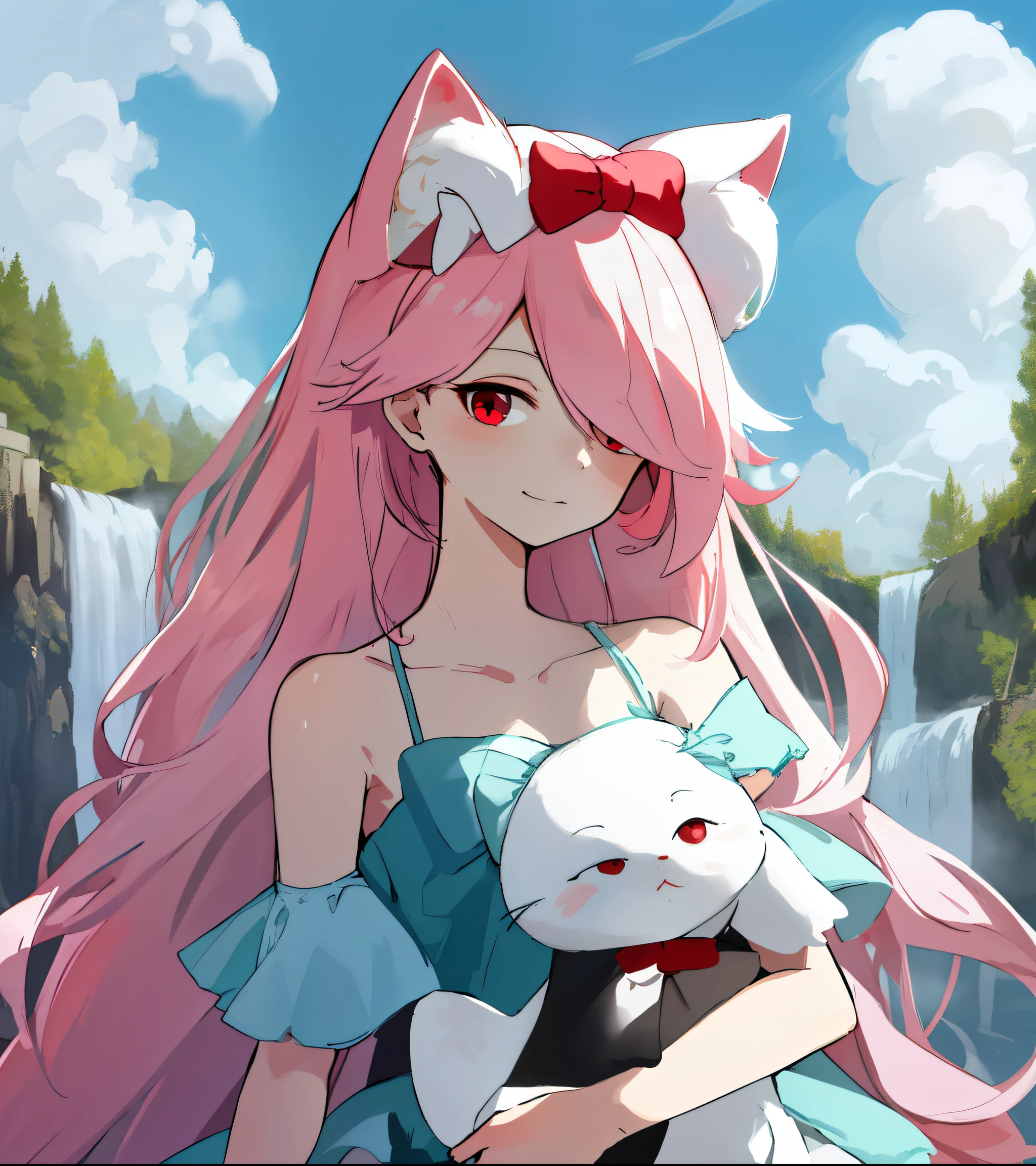 sinestrea, 1girl, aqua hair, bare shoulders, smile, sleeveless white dress, frown hair bow, hair over one eye, one eye covered, long hair, medium breasts, red bow, red eyes,: A charming young girl with flowing pink hair sits atop a hill near a breathtaking waterfall. She is adorned in a fluffy pink dress and cute cat ears, while holding a small white furry cat in her arms. Her face exudes pure cuteness, and against the backdrop of a vibrant blue sky and a gentle fog, she radiates an aura of innocence and serenity. This stunning image, whether captured in a photograph or painted with meticulous detail, seamlessly combines elements of whimsy, tranquility, and artistic prowess, creating an enchanting masterpiece that captivates viewers with its impeccable quality.