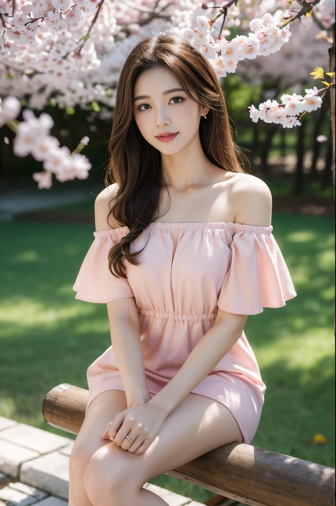 8K,winning artwork,dynamicposes,1 girl,Detailed eye details,looking at the viewer only,ssmile,Long brown hair,perfect body figure,off the shoulder dress,sitting down,cherry tree,Background with.cherry tree下的宁静景色, petals gently floating down,like soft pink snow,