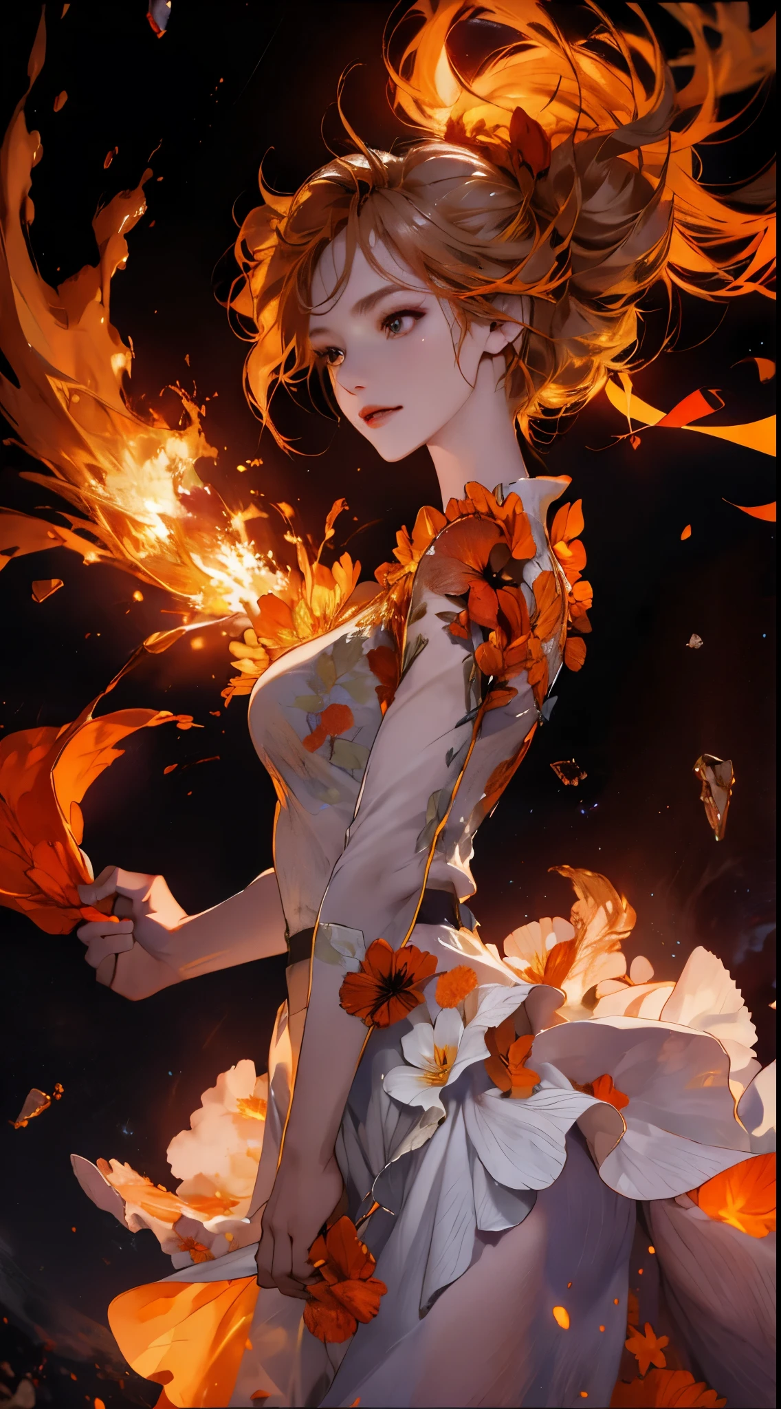 1 girl, By bangs, breathing firey, on fire, burnt clothes, ember, ahoge, Beige hair, Colorful hair, firey, firey焰, firey焰剑, (Hand on the hilt), Permanent, long whitr hair,  thermal power, face expressionless, smokes, florals(symbol),  Alone, fireyflorals, the sunset, evening, white florals, Molten rock, lilie (floraliery florals, depth of fields, on fire ,